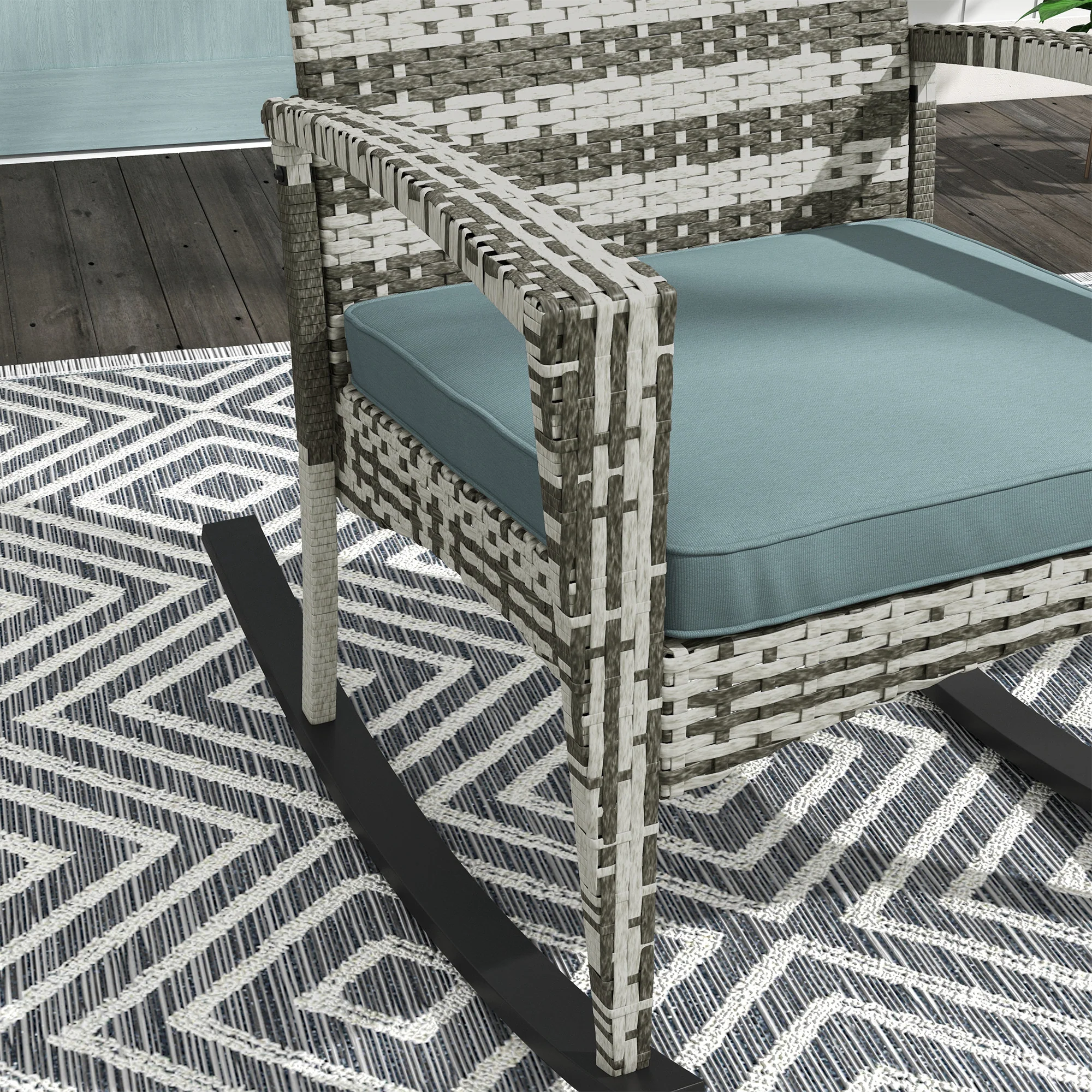 PE Rattan Garden Rocking Chair w/ Metal Frame, Wicker Porch Armchair Rocker, Light Grey - Image 11