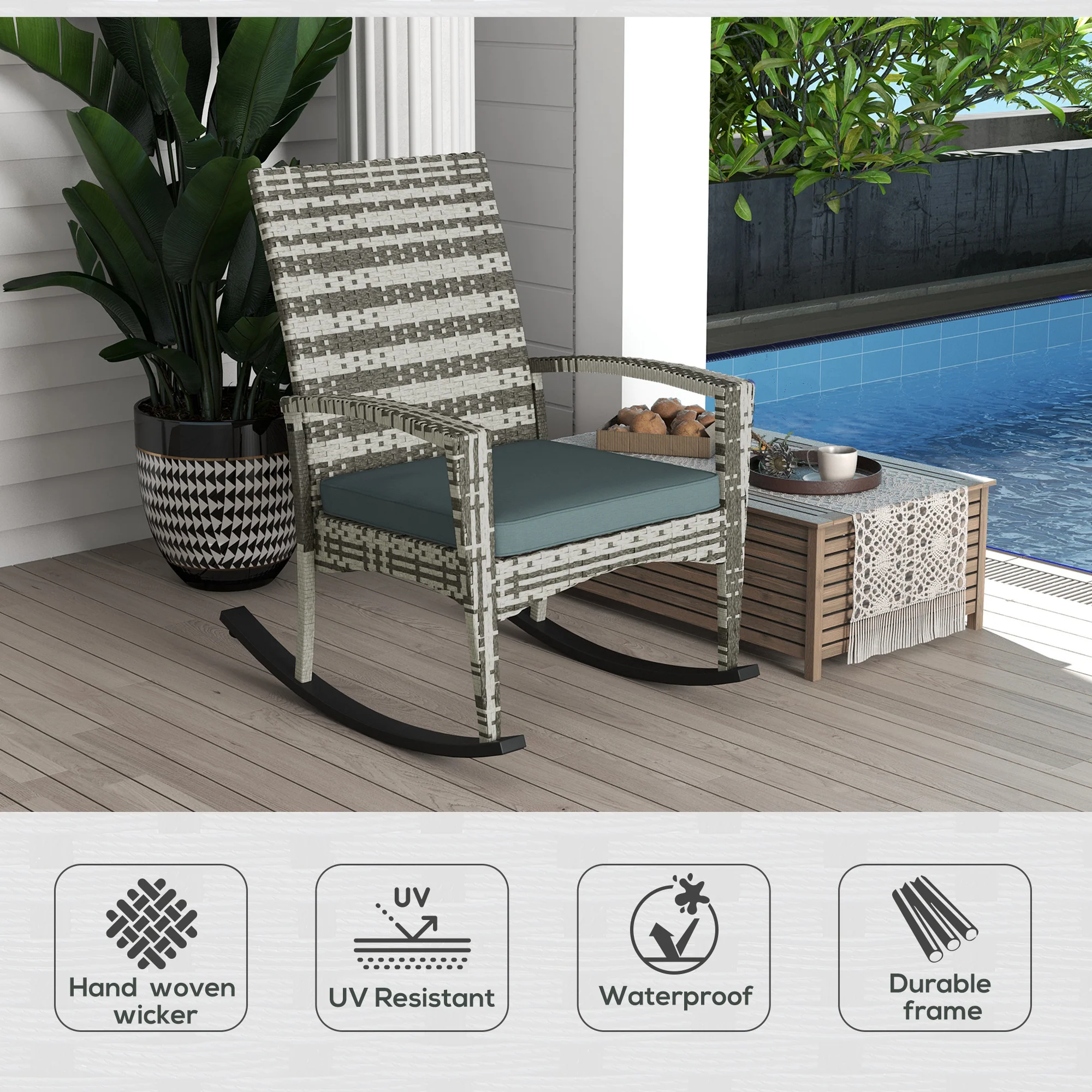PE Rattan Garden Rocking Chair w/ Metal Frame, Wicker Porch Armchair Rocker, Light Grey - Image 6