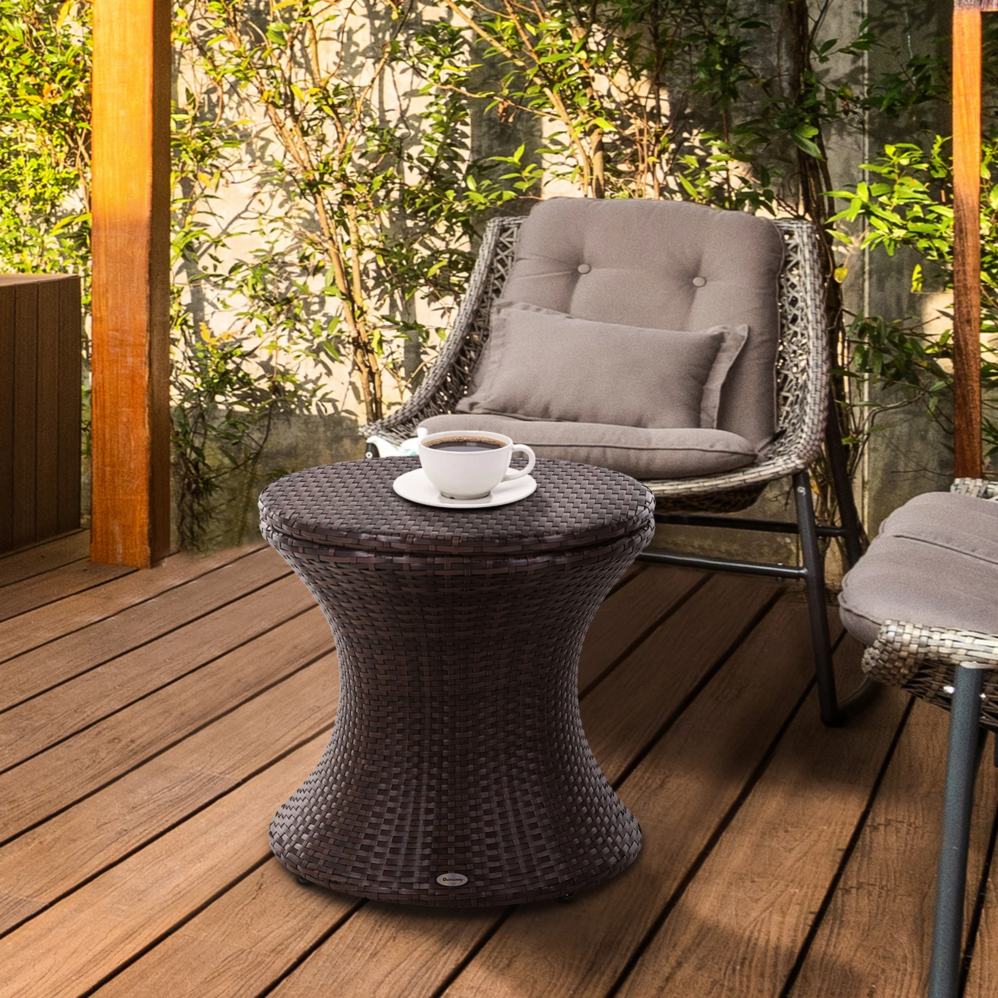 PE Rattan Ice Bucket Table, Height Adjustable Liftable Drinks Cooler for Bar, Patio, Brown - Image 3