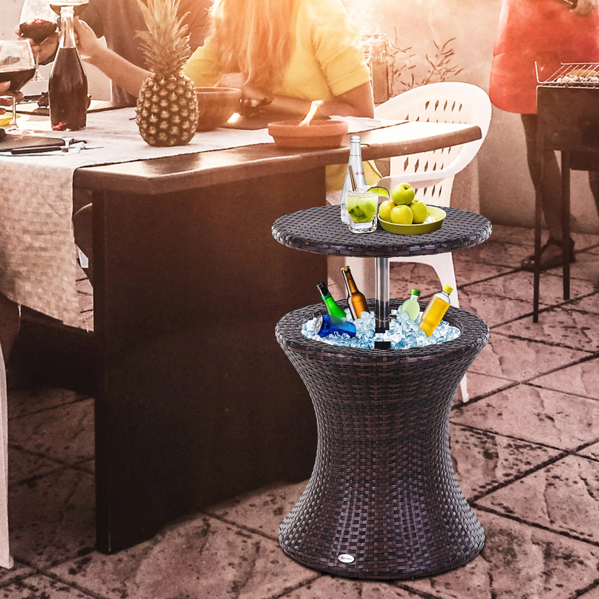 PE Rattan Ice Bucket Table, Height Adjustable Liftable Drinks Cooler for Bar, Patio, Brown - Image 4