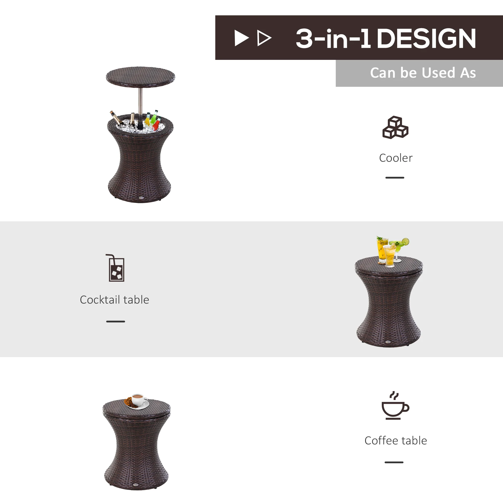 PE Rattan Ice Bucket Table, Height Adjustable Liftable Drinks Cooler for Bar, Patio, Brown - Image 6