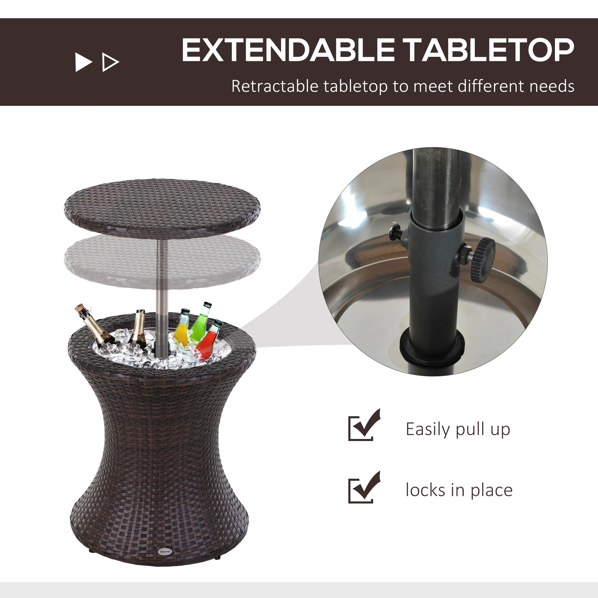 PE Rattan Ice Bucket Table, Height Adjustable Liftable Drinks Cooler for Bar, Patio, Brown - Image 7