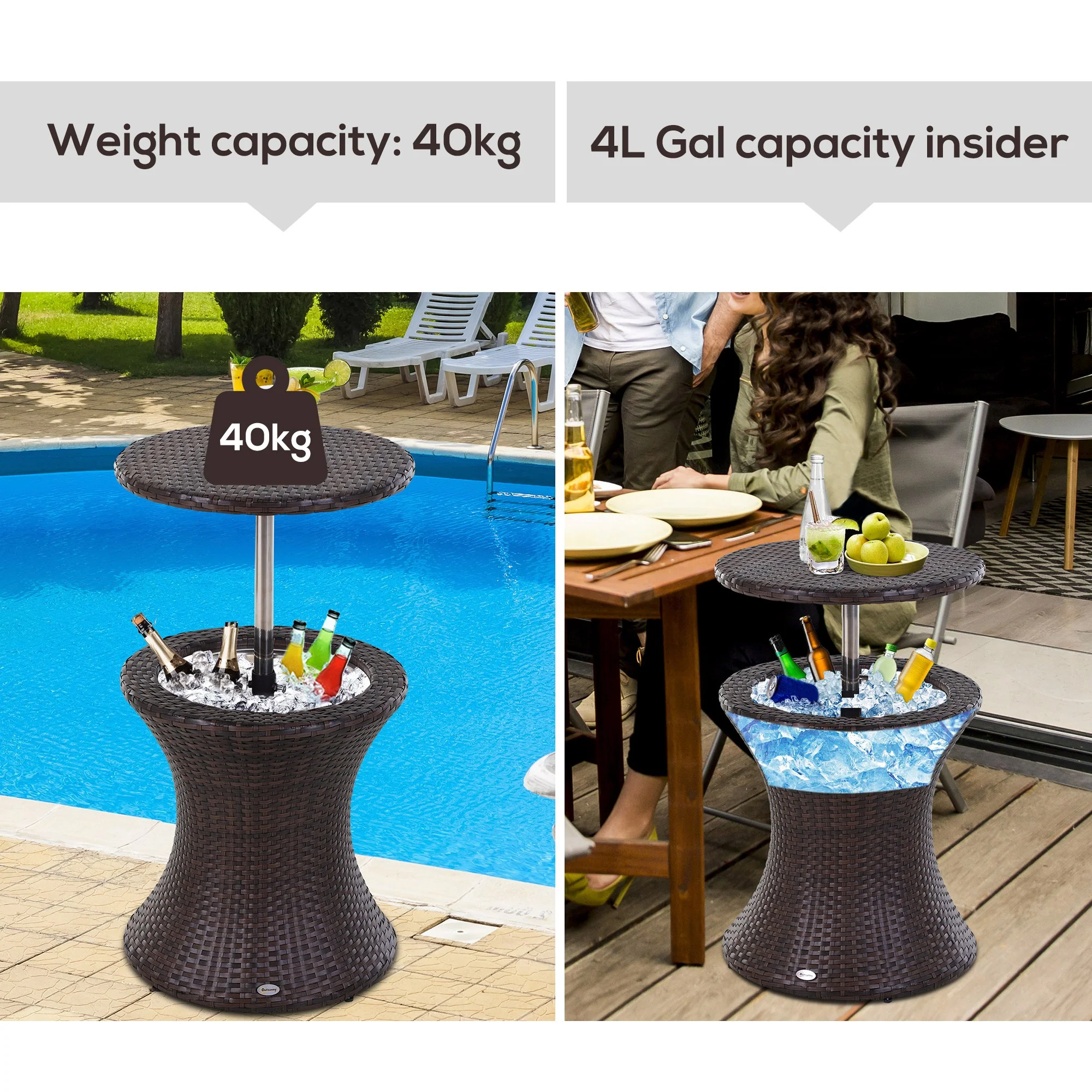 PE Rattan Ice Bucket Table, Height Adjustable Liftable Drinks Cooler for Bar, Patio, Brown - Image 8