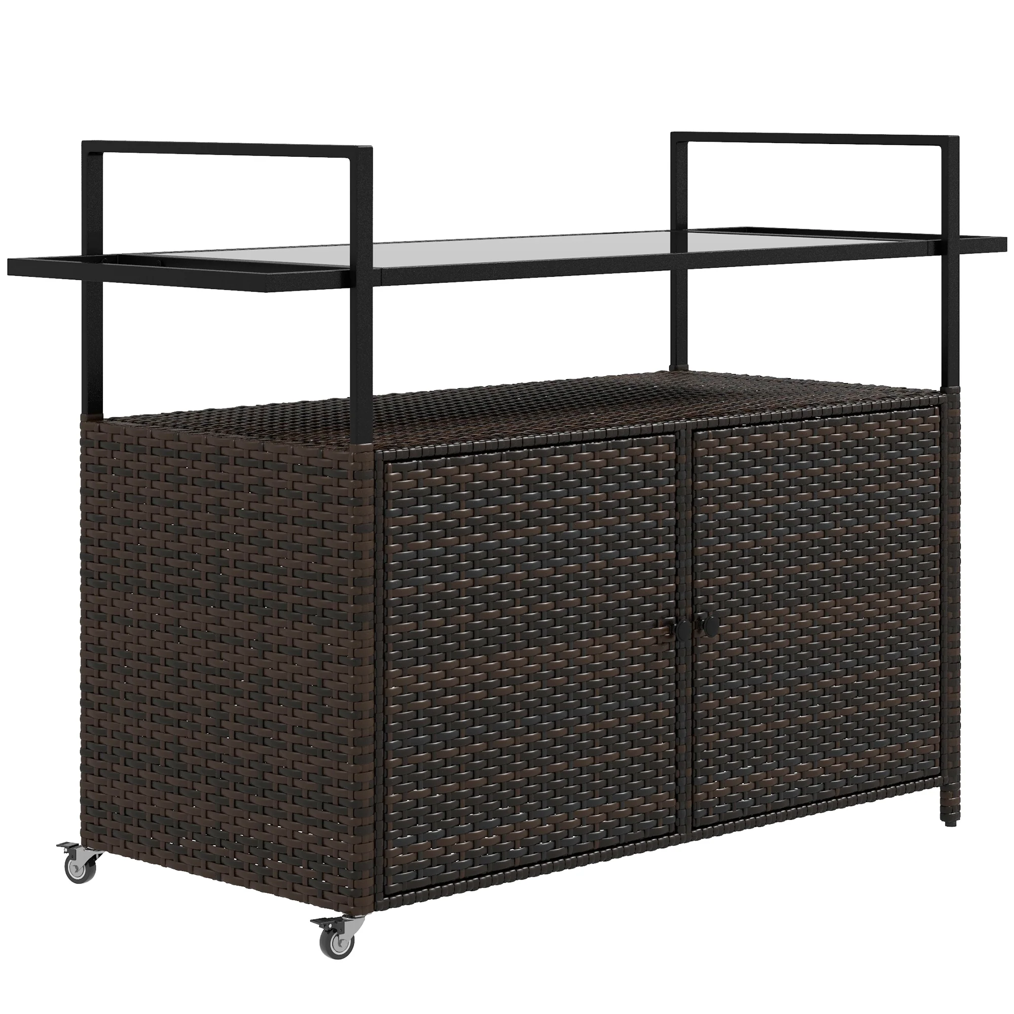 Outdoor Bar Cart with Wheels, 2-Tier Outdoor Kitchen Island with Shelf & Cabinet, Brown - Image 12