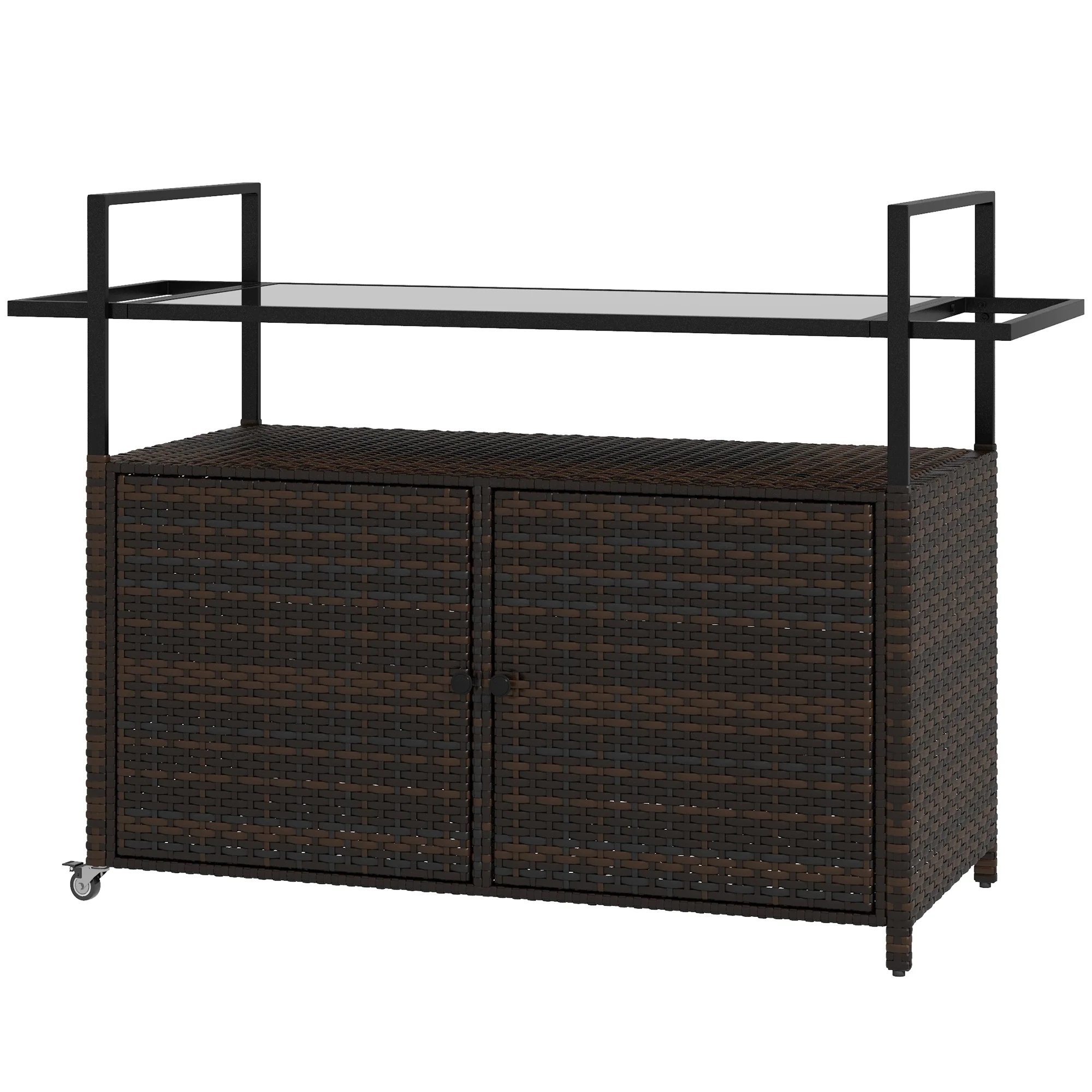 Outdoor Bar Cart with Wheels, 2-Tier Outdoor Kitchen Island with Shelf & Cabinet, Brown - Image 2