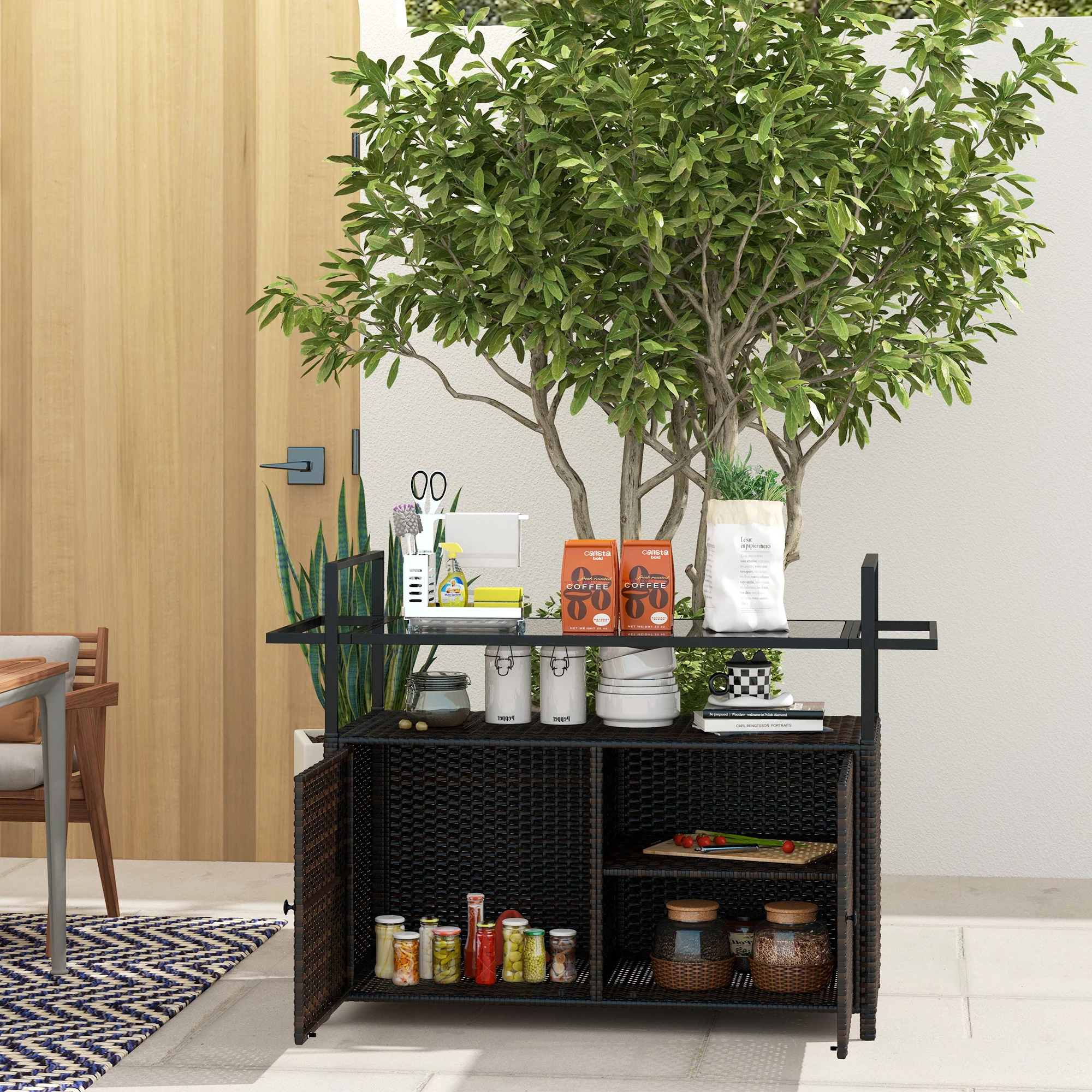 Outdoor Bar Cart with Wheels, 2-Tier Outdoor Kitchen Island with Shelf & Cabinet, Brown - Image 3