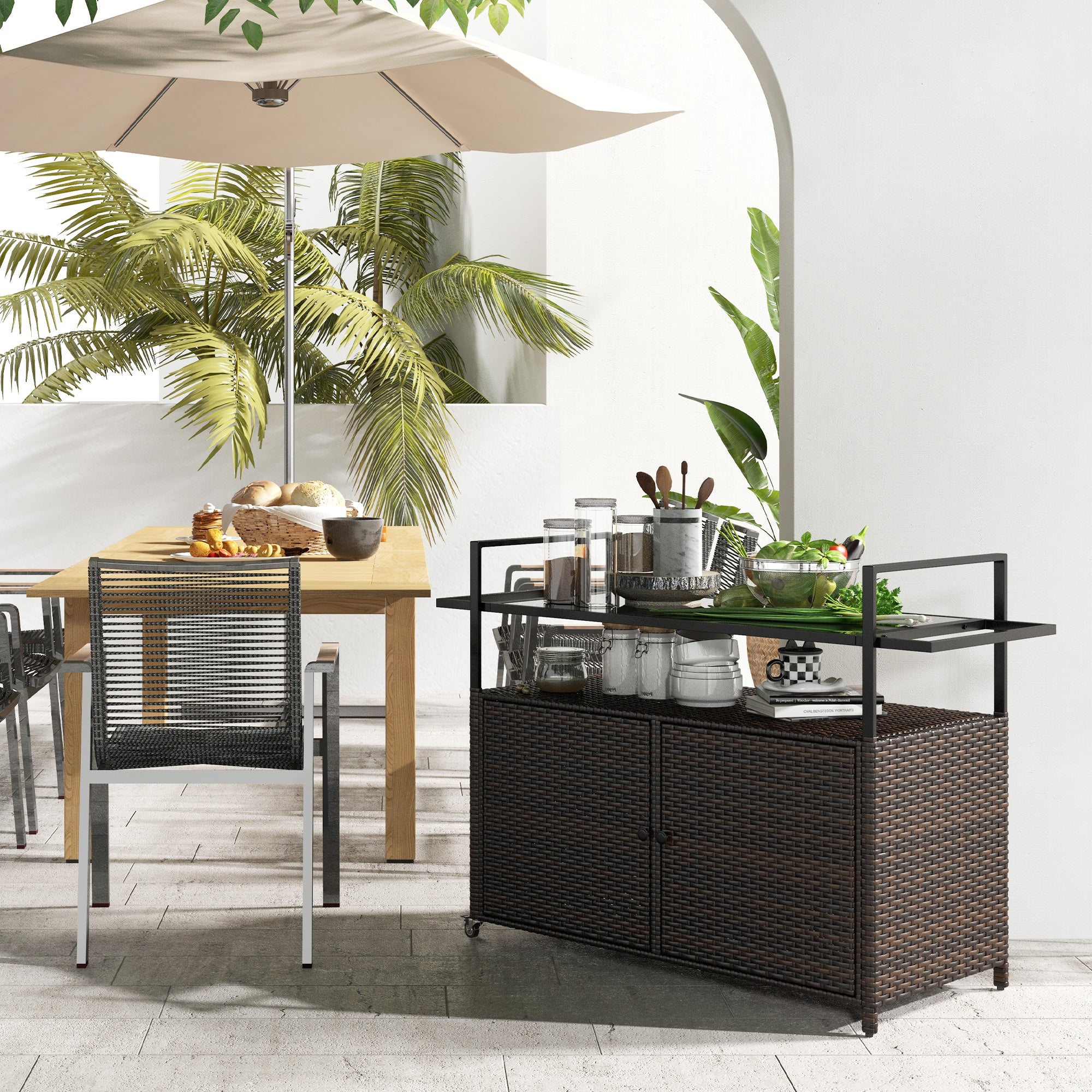 Outdoor Bar Cart with Wheels, 2-Tier Outdoor Kitchen Island with Shelf & Cabinet, Brown - Image 4