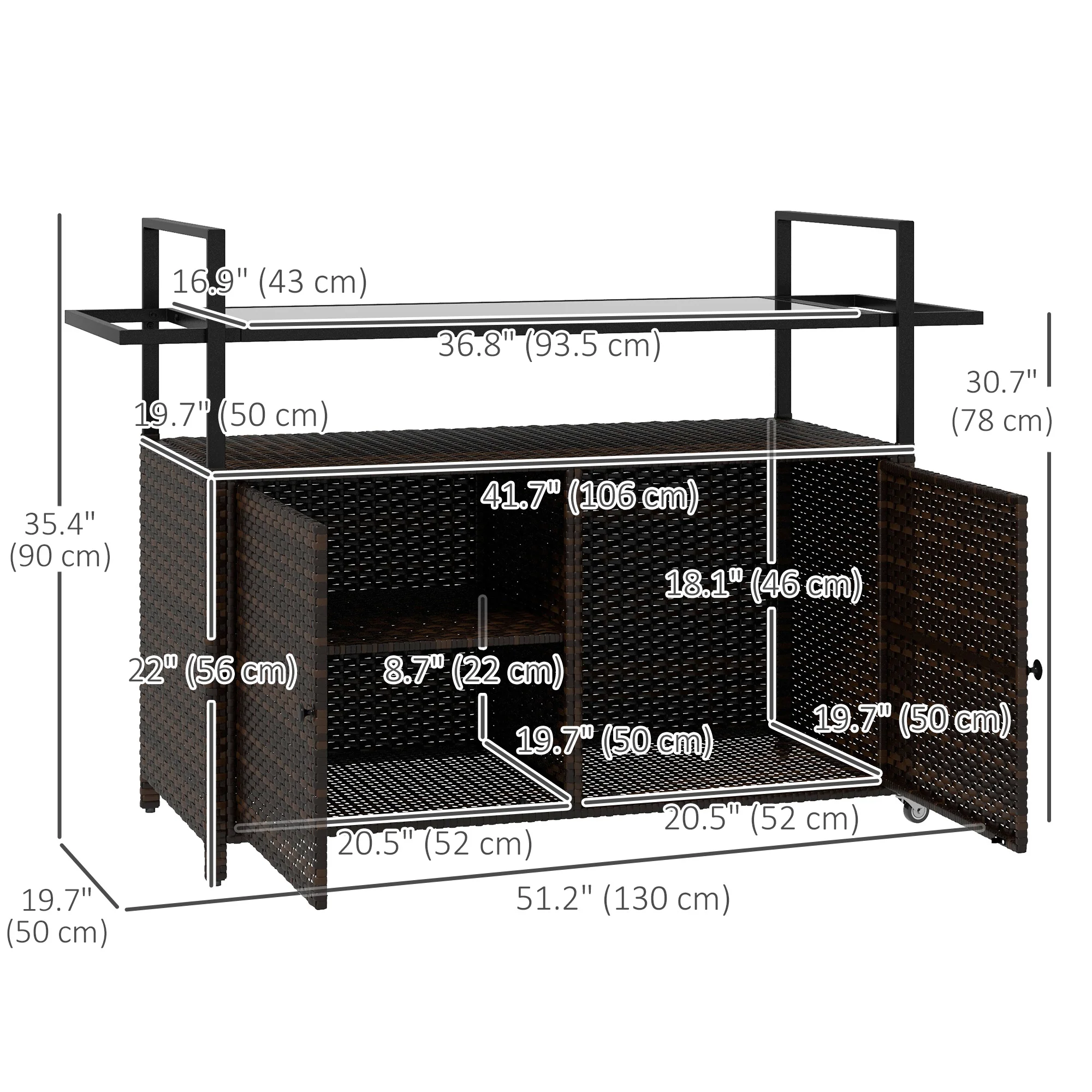 Outdoor Bar Cart with Wheels, 2-Tier Outdoor Kitchen Island with Shelf & Cabinet, Brown - Image 5