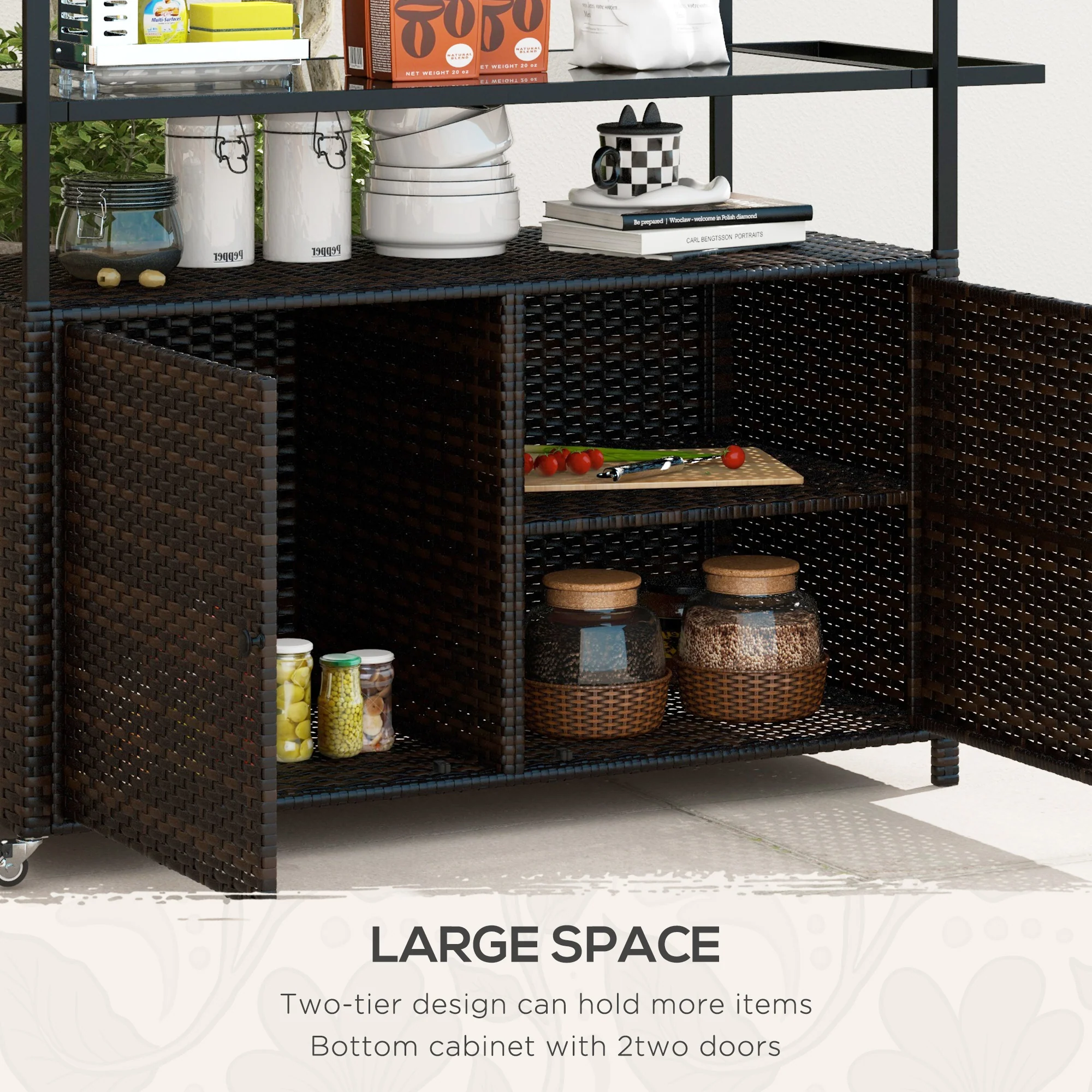 Outdoor Bar Cart with Wheels, 2-Tier Outdoor Kitchen Island with Shelf & Cabinet, Brown - Image 8