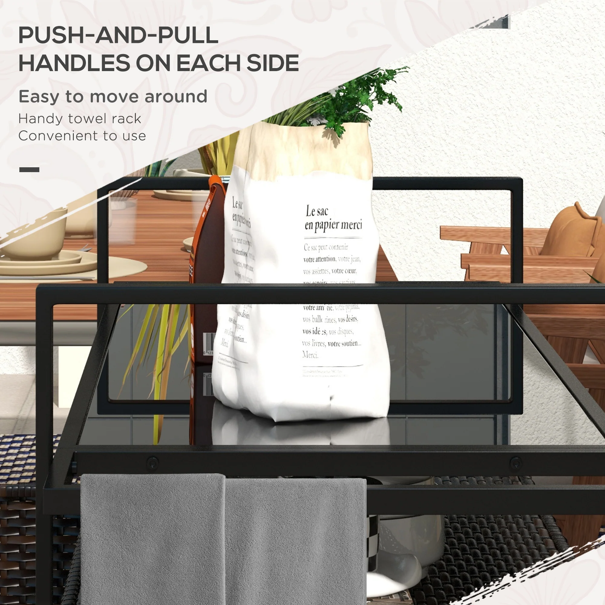 Outdoor Bar Cart with Wheels, 2-Tier Outdoor Kitchen Island with Shelf & Cabinet, Brown - Image 9