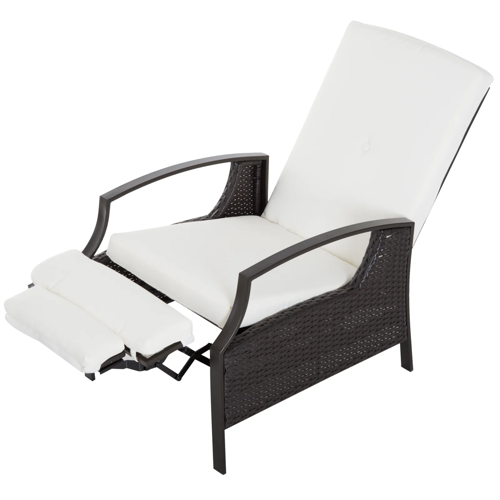 Outdoor Rattan Recliner Chair w/ Cushion, Adjustable Back & Retractable Footrest, White