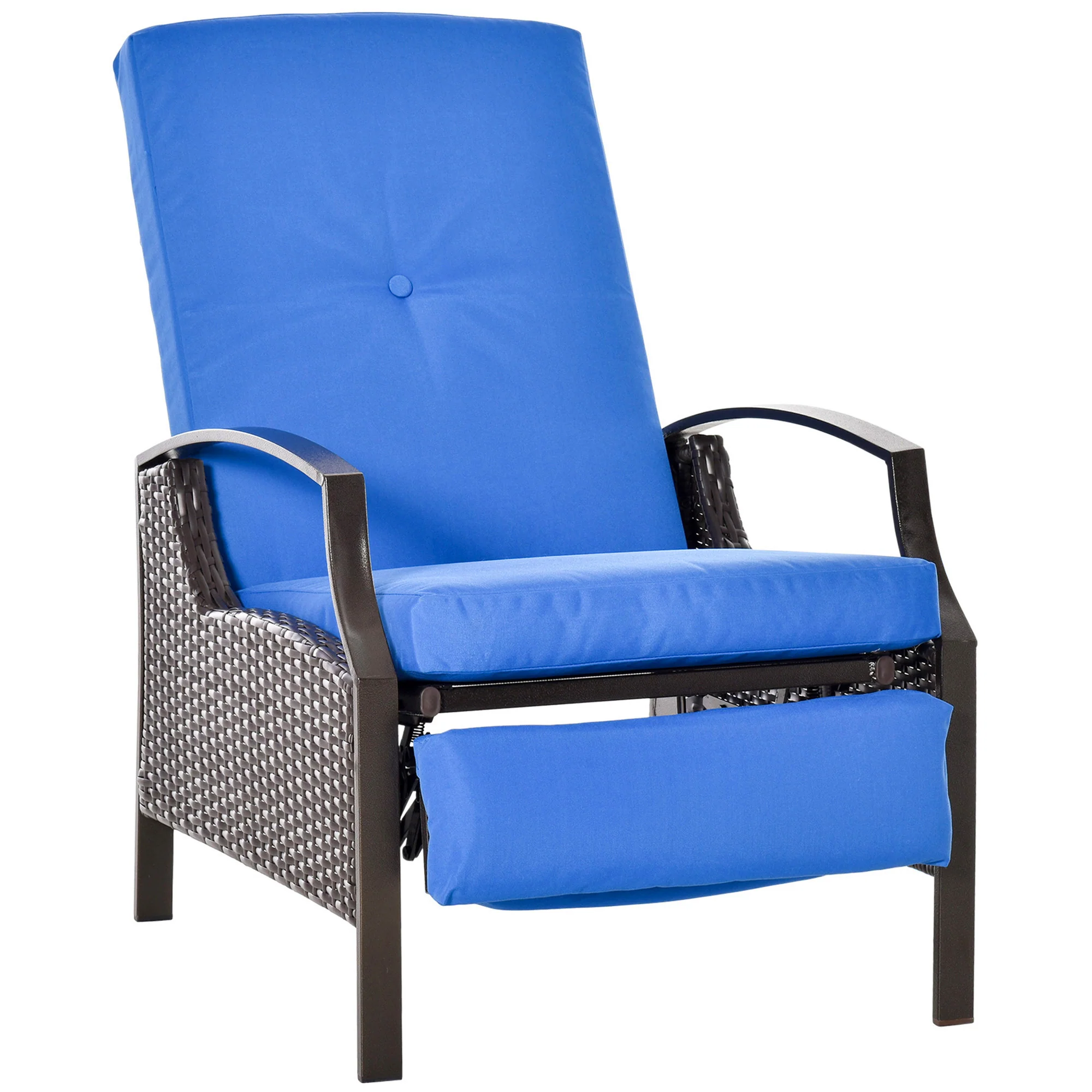 Outdoor Rattan Recliner Chair w/ Cushion, Adjustable Back & Retractable Footrest, Blue