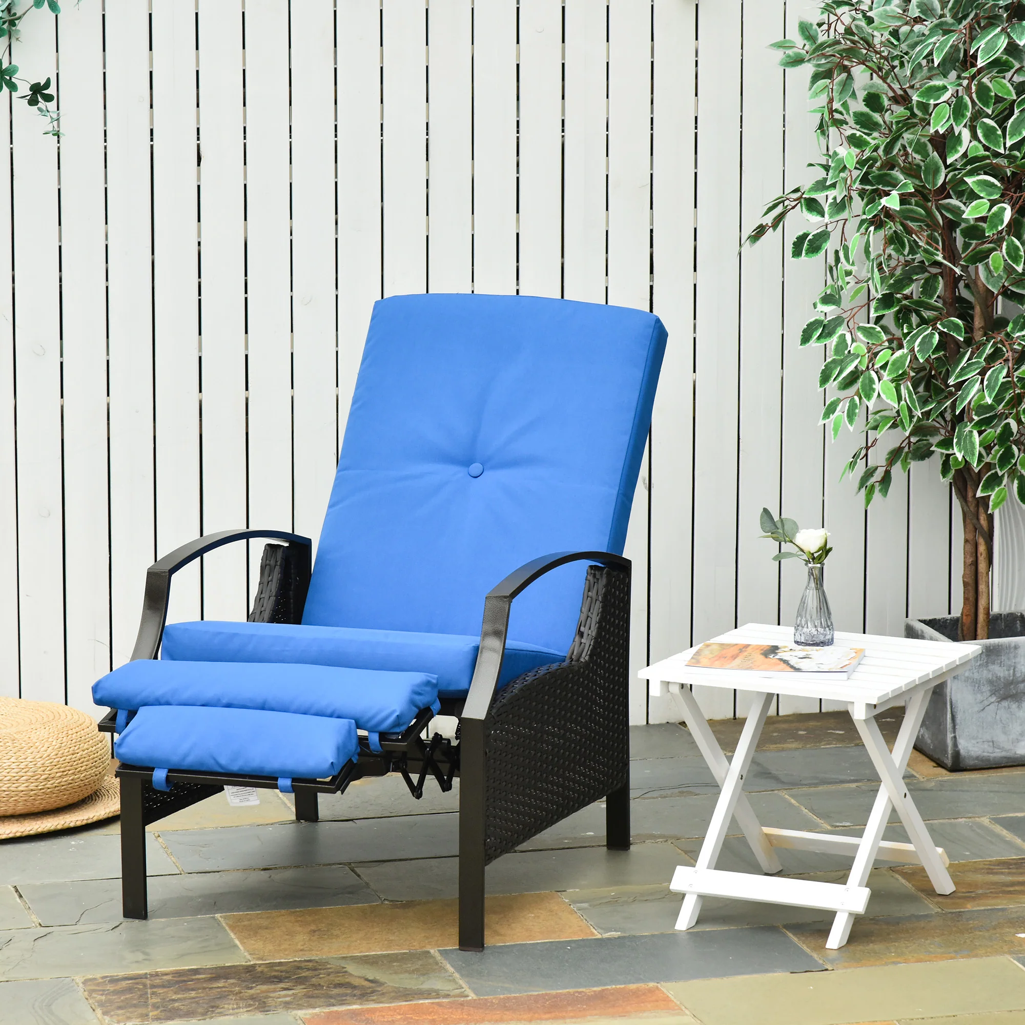 Outdoor Rattan Recliner Chair w/ Cushion, Adjustable Back & Retractable Footrest, Blue - Image 10