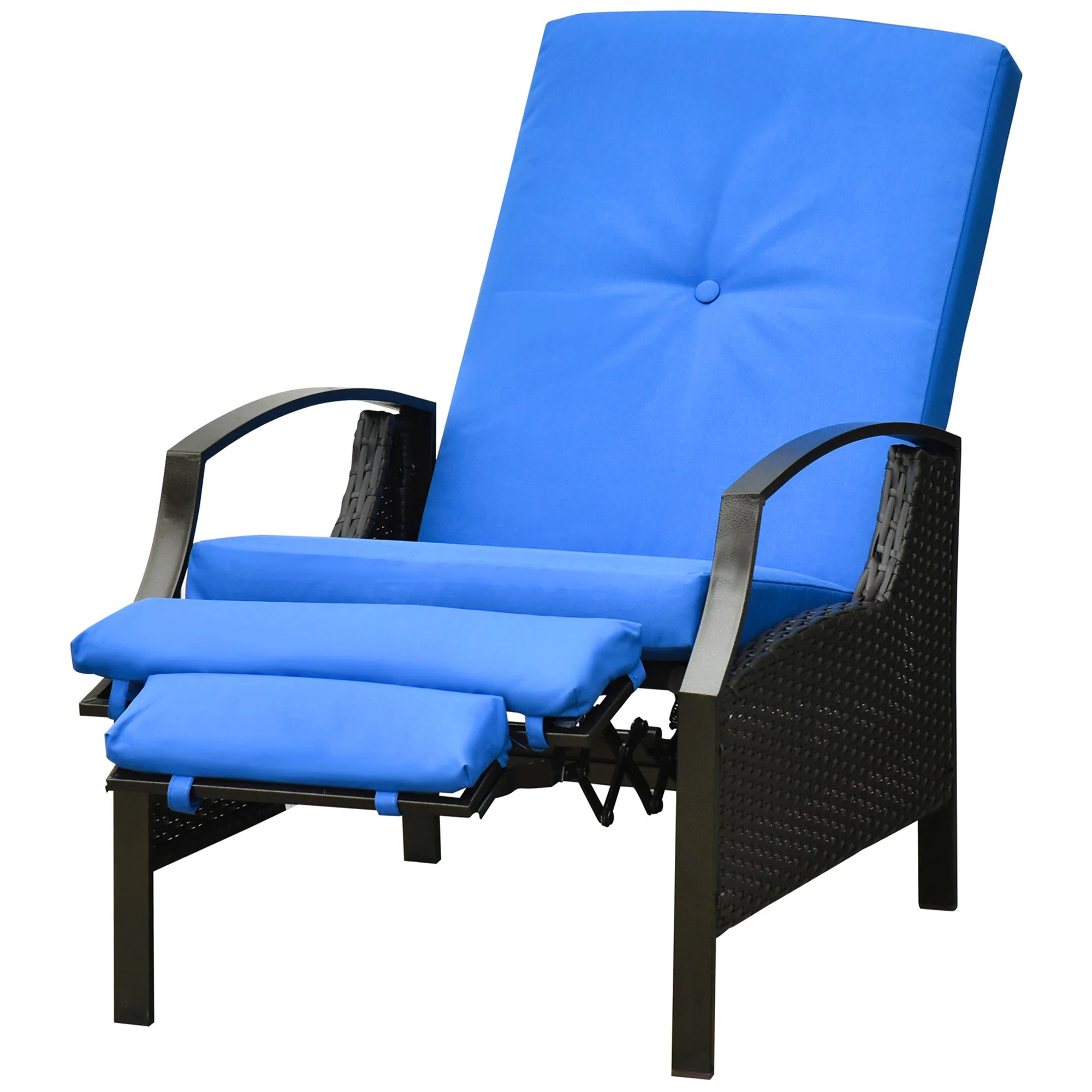 Outdoor Rattan Recliner Chair w/ Cushion, Adjustable Back & Retractable Footrest, Blue - Image 2