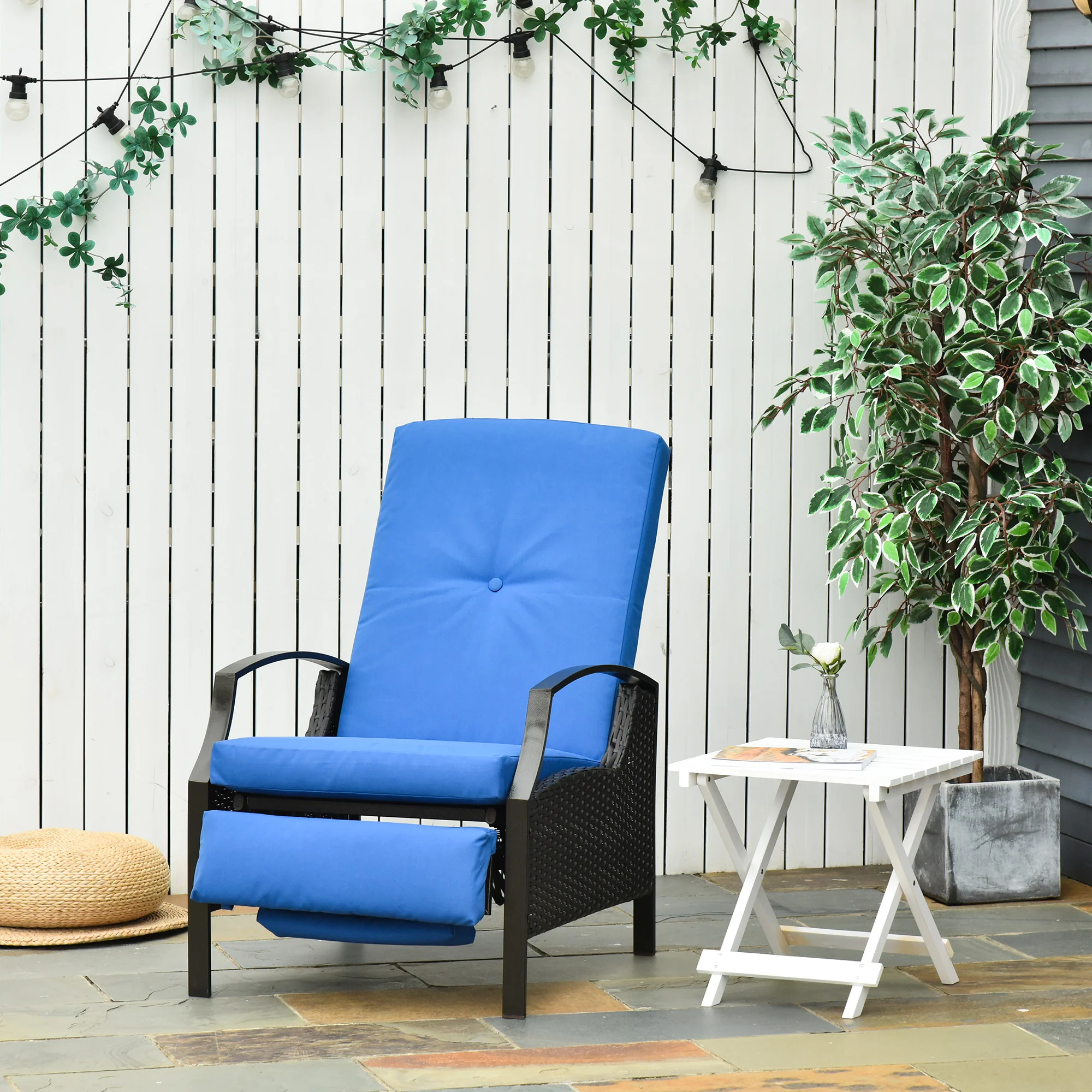 Outdoor Rattan Recliner Chair w/ Cushion, Adjustable Back & Retractable Footrest, Blue - Image 3