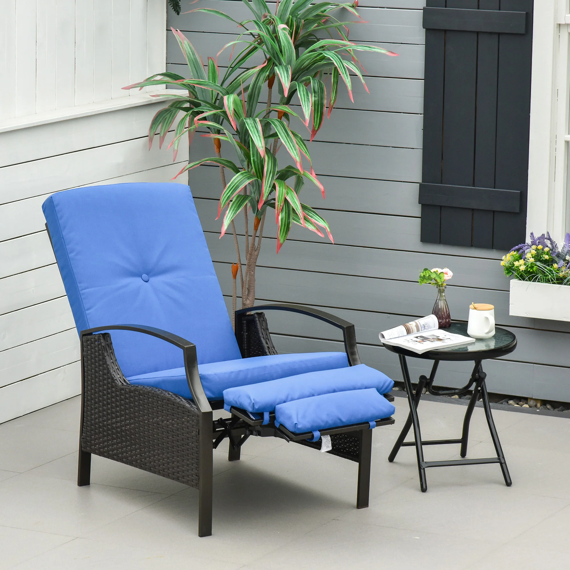 Outdoor Rattan Recliner Chair w/ Cushion, Adjustable Back & Retractable Footrest, Blue - Image 4