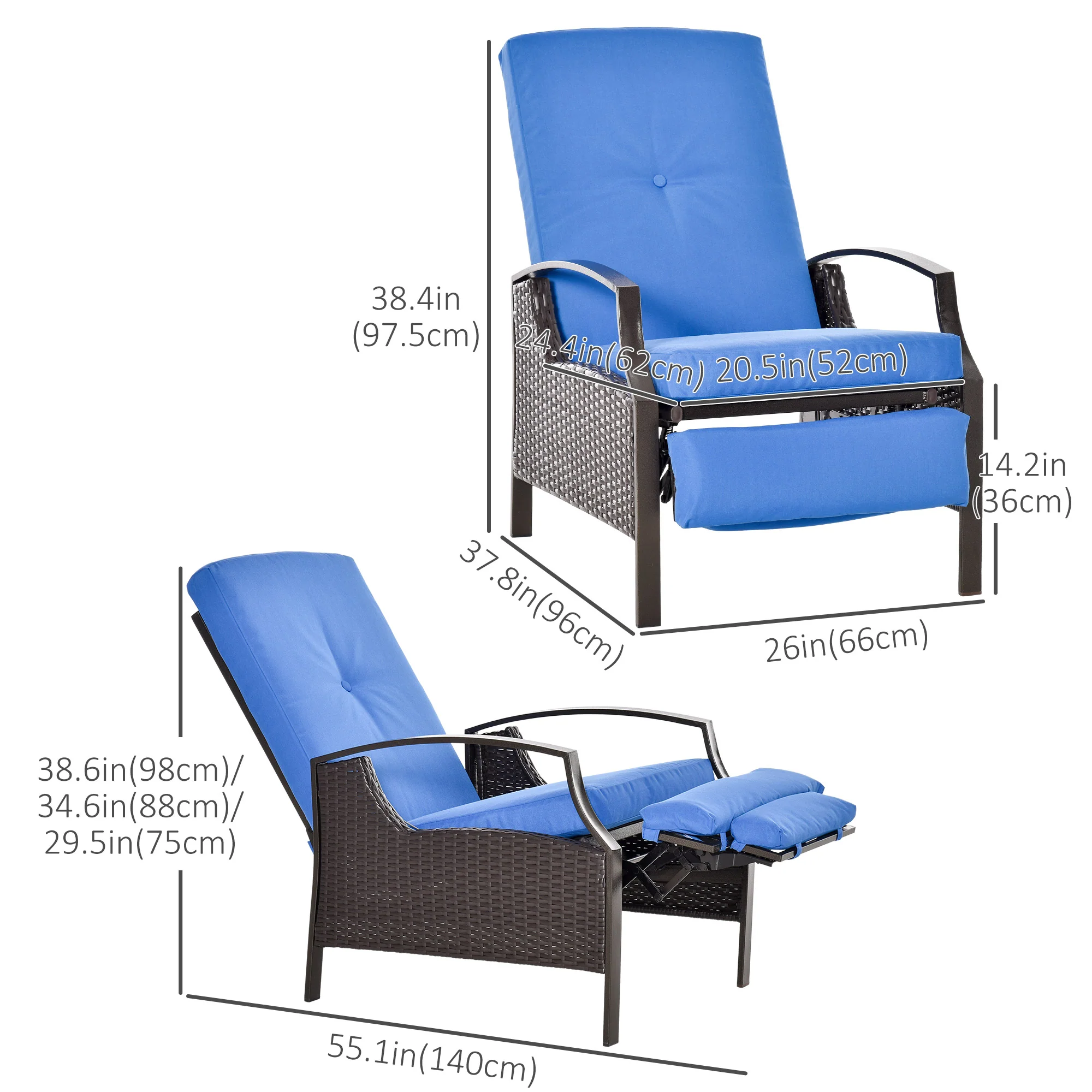 Outdoor Rattan Recliner Chair w/ Cushion, Adjustable Back & Retractable Footrest, Blue - Image 5