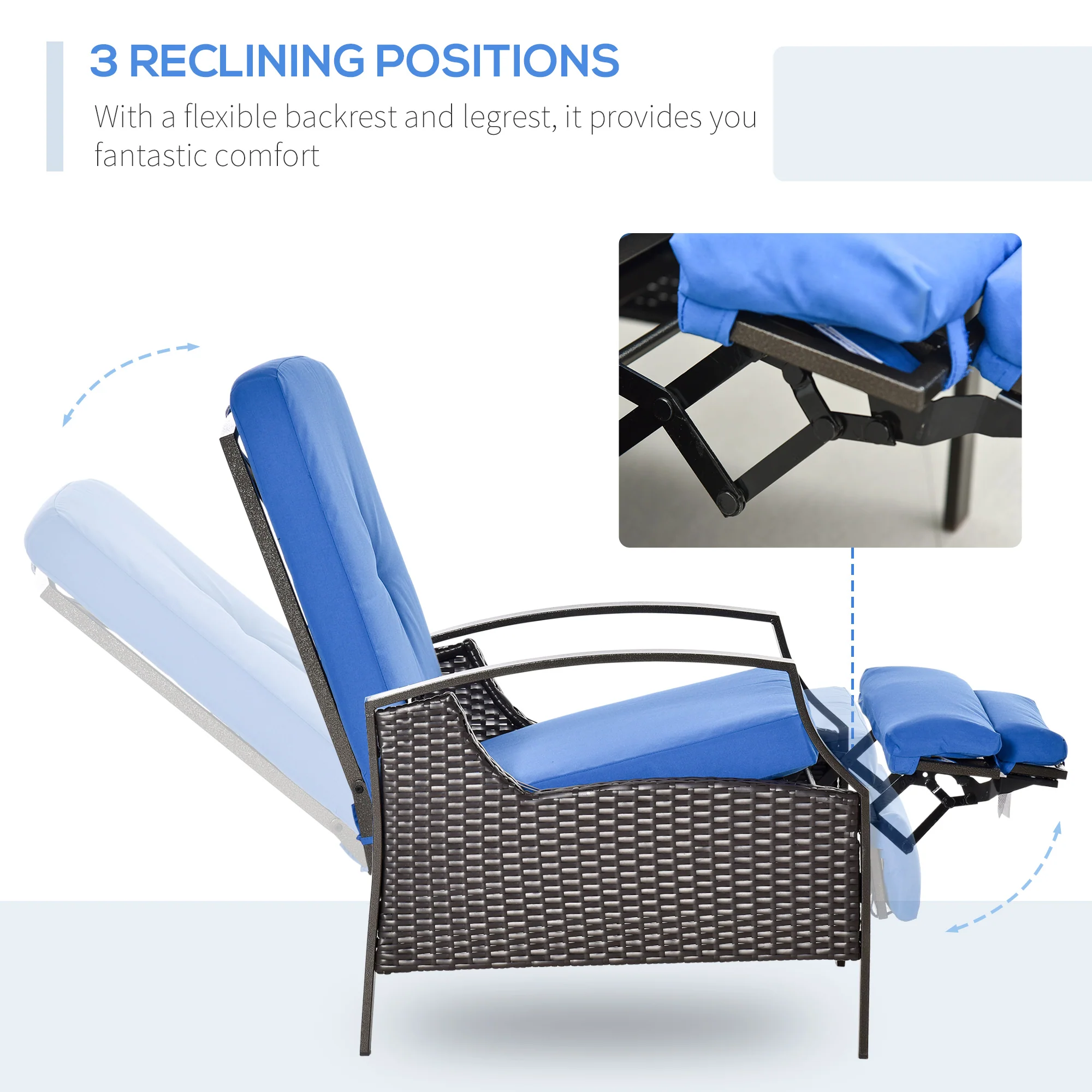 Outdoor Rattan Recliner Chair w/ Cushion, Adjustable Back & Retractable Footrest, Blue - Image 7