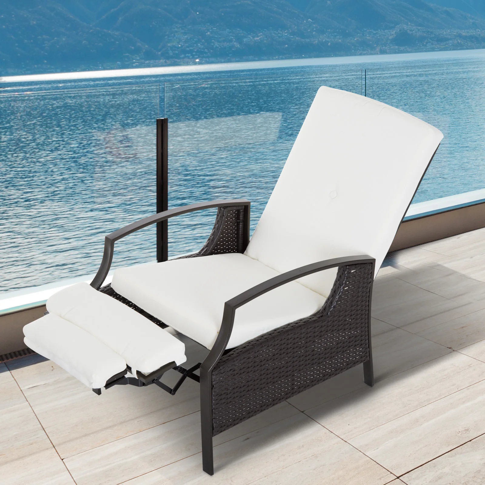 Outdoor Rattan Recliner Chair w/ Cushion, Adjustable Back & Retractable Footrest, White - Image 3