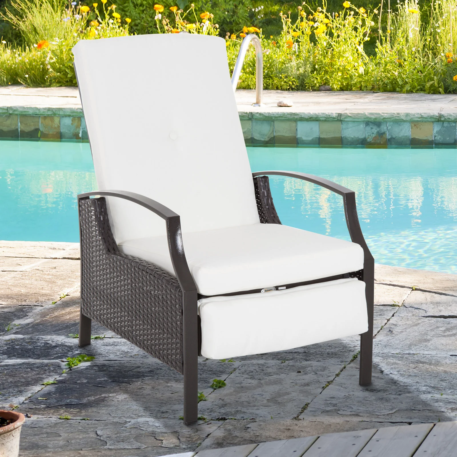 Outdoor Rattan Recliner Chair w/ Cushion, Adjustable Back & Retractable Footrest, White - Image 4
