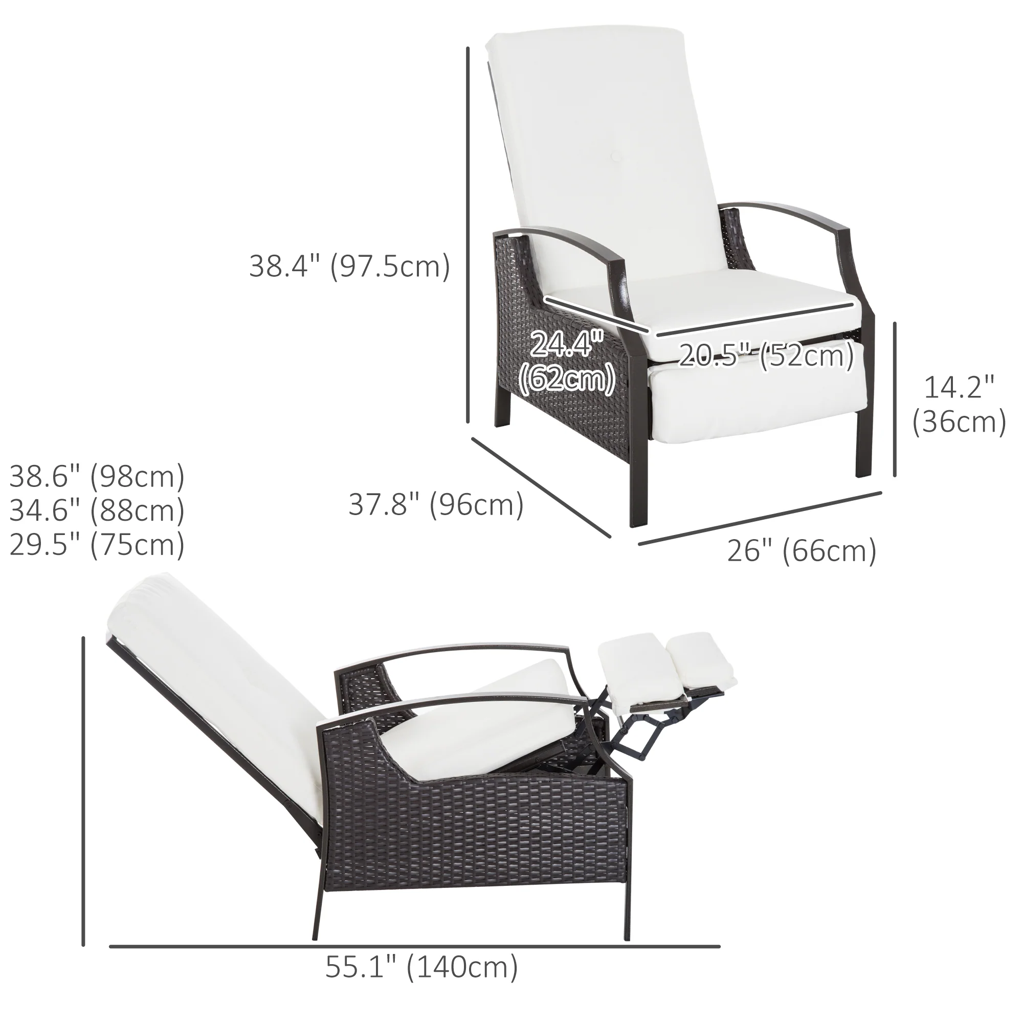 Outdoor Rattan Recliner Chair w/ Cushion, Adjustable Back & Retractable Footrest, White - Image 5