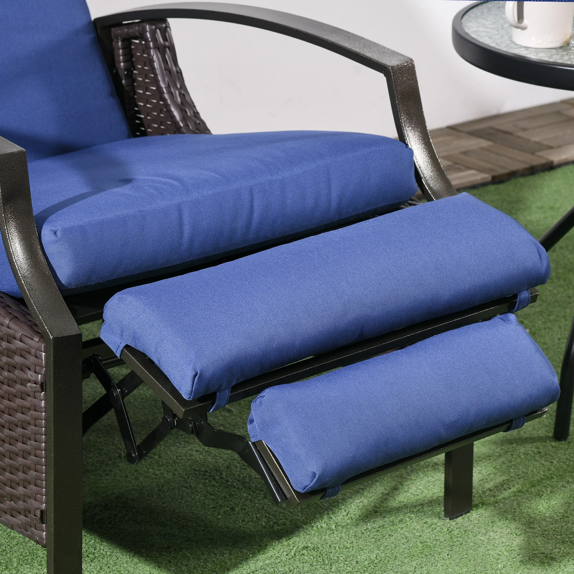 Outdoor Rattan Recliner Chair w/ Cushion, Adjustable Back & Retractable Footrest, Dark Blue - Image 11