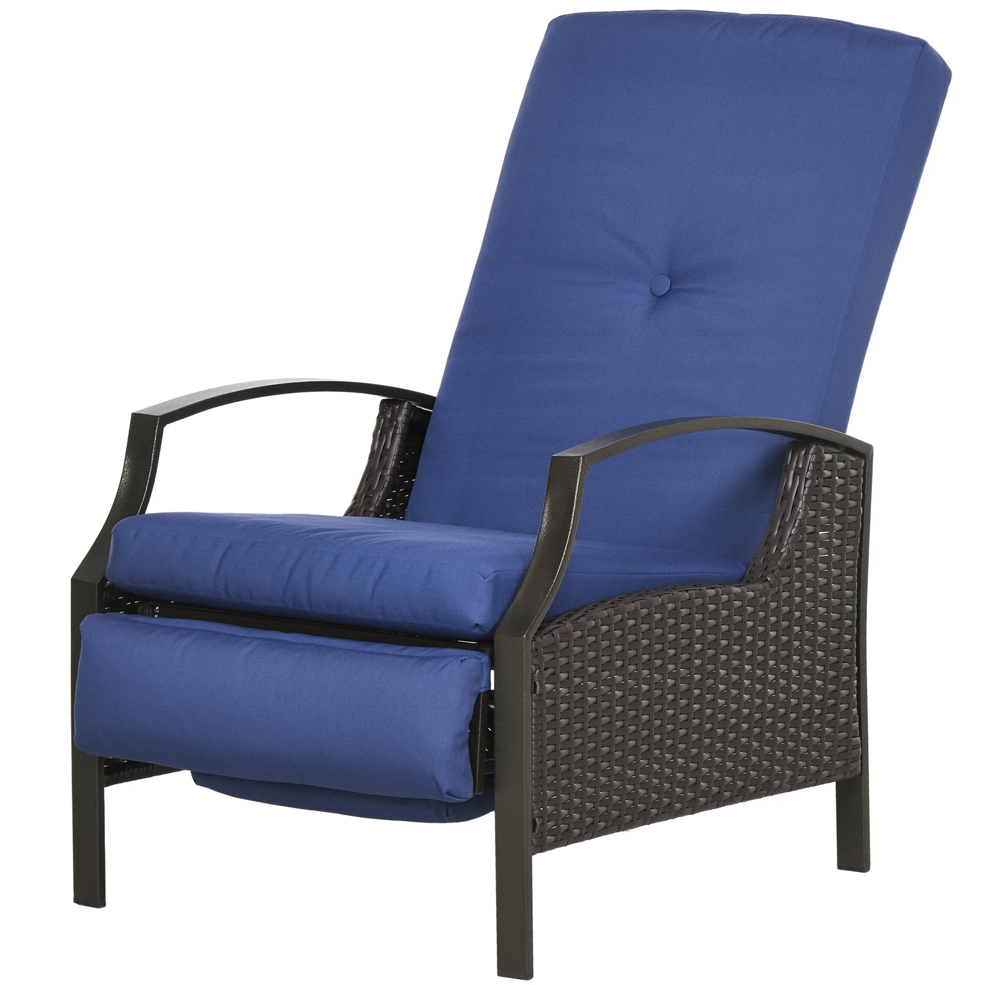 Outdoor Rattan Recliner Chair w/ Cushion, Adjustable Back & Retractable Footrest, Dark Blue - Image 2