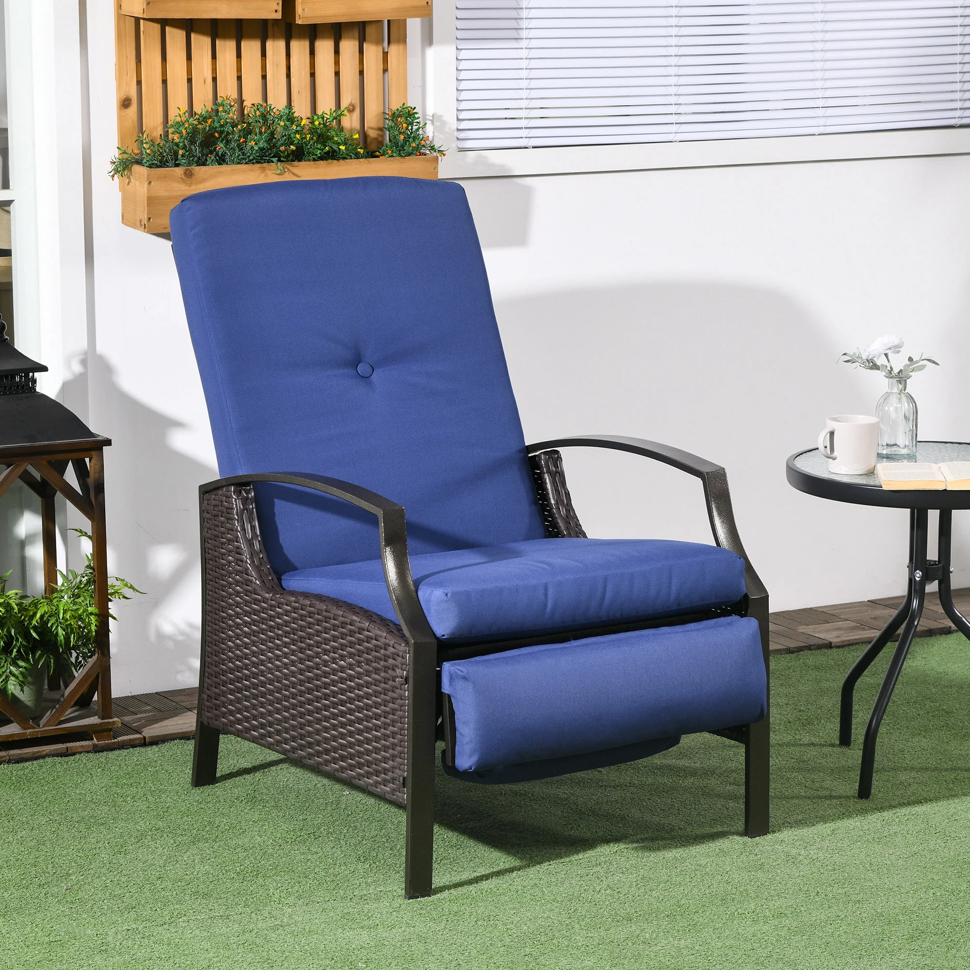 Outdoor Rattan Recliner Chair w/ Cushion, Adjustable Back & Retractable Footrest, Dark Blue - Image 3