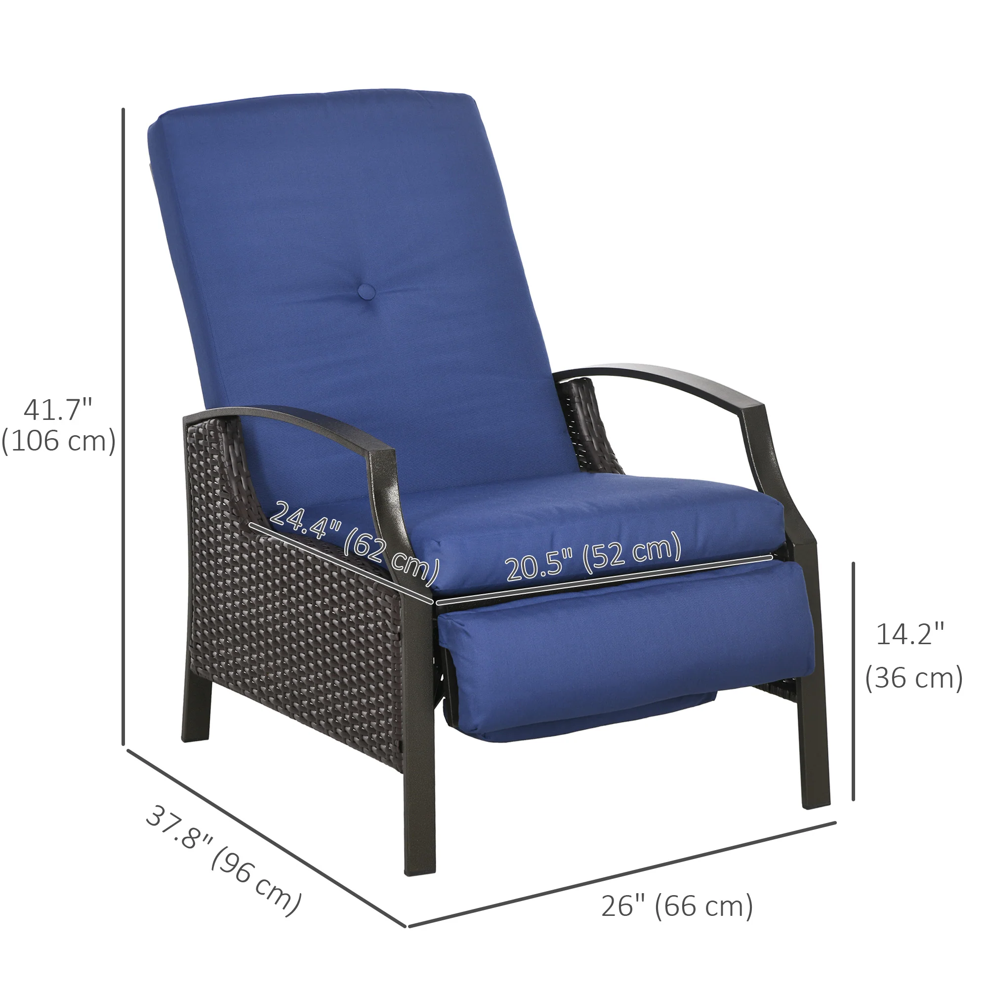 Outdoor Rattan Recliner Chair w/ Cushion, Adjustable Back & Retractable Footrest, Dark Blue - Image 5