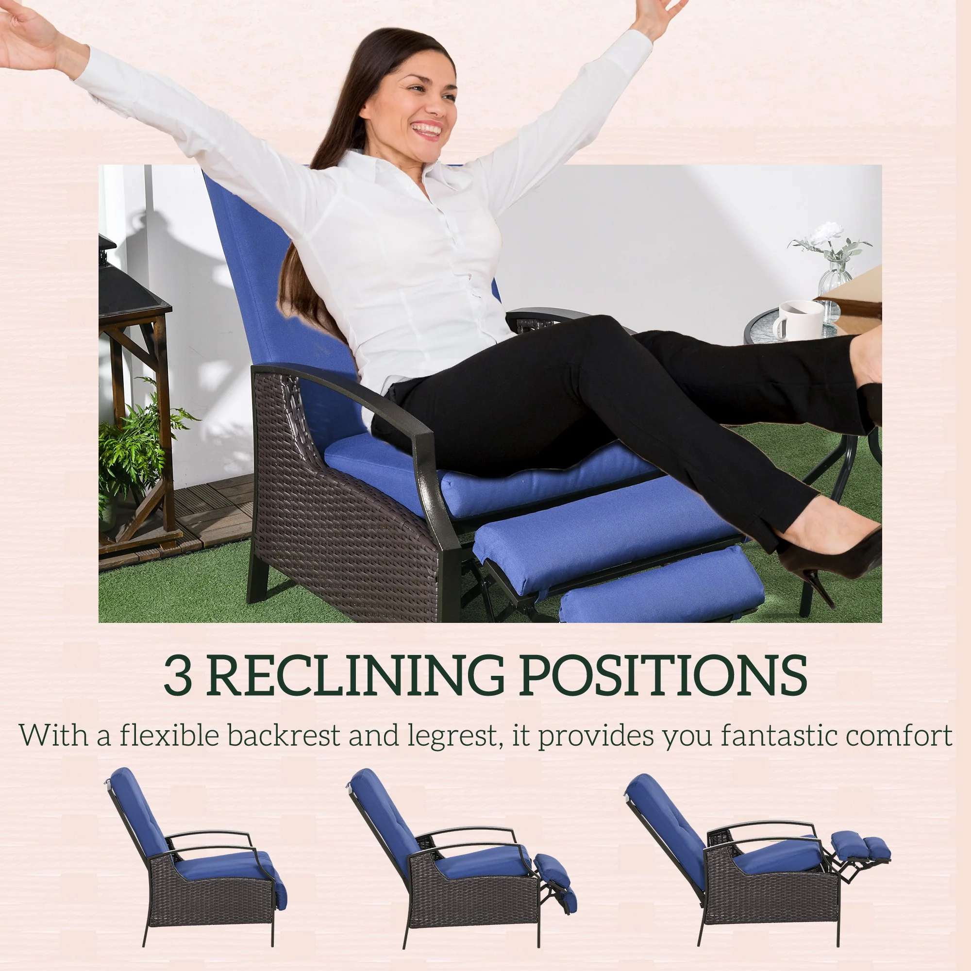 Outdoor Rattan Recliner Chair w/ Cushion, Adjustable Back & Retractable Footrest, Dark Blue - Image 6