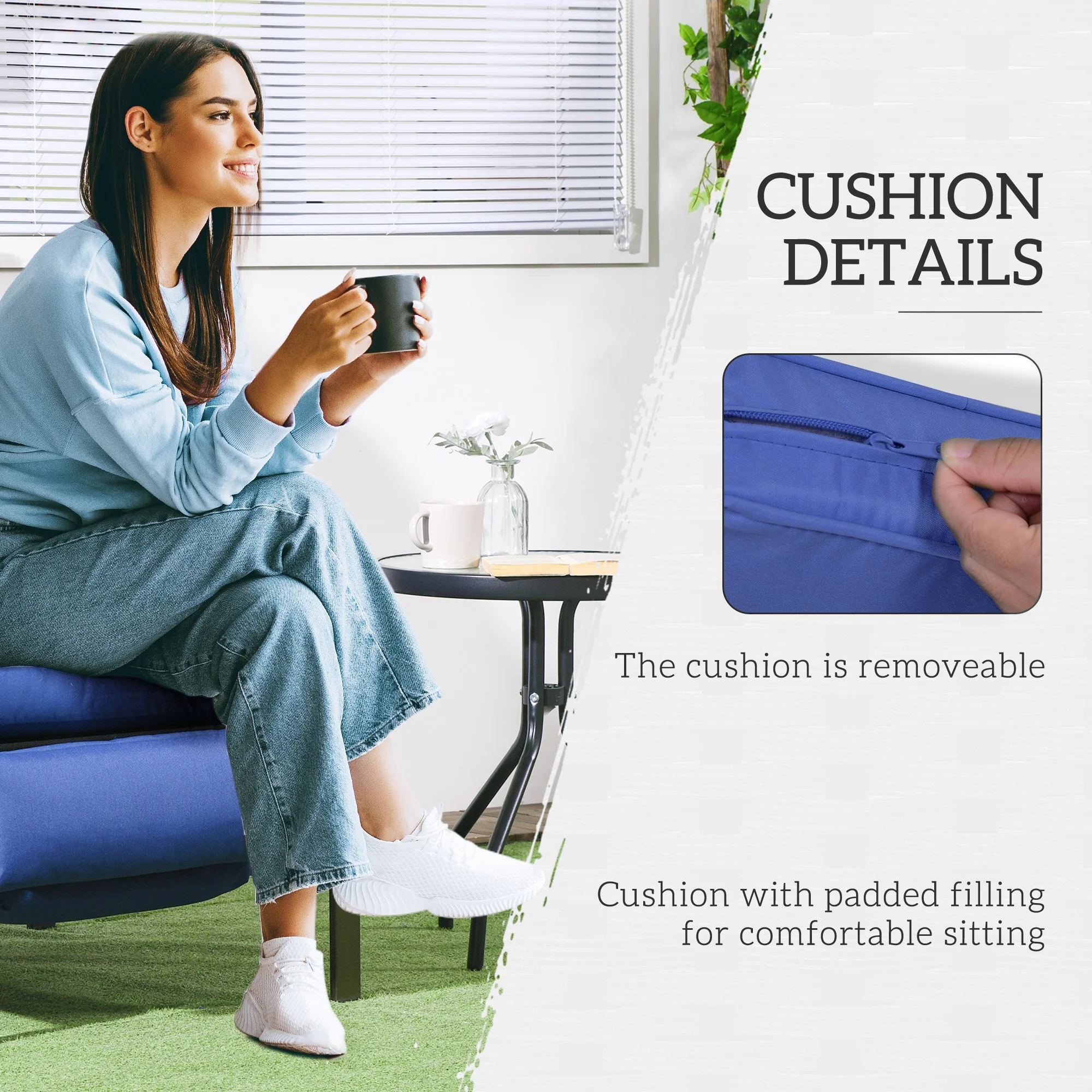 Outdoor Rattan Recliner Chair w/ Cushion, Adjustable Back & Retractable Footrest, Dark Blue - Image 7