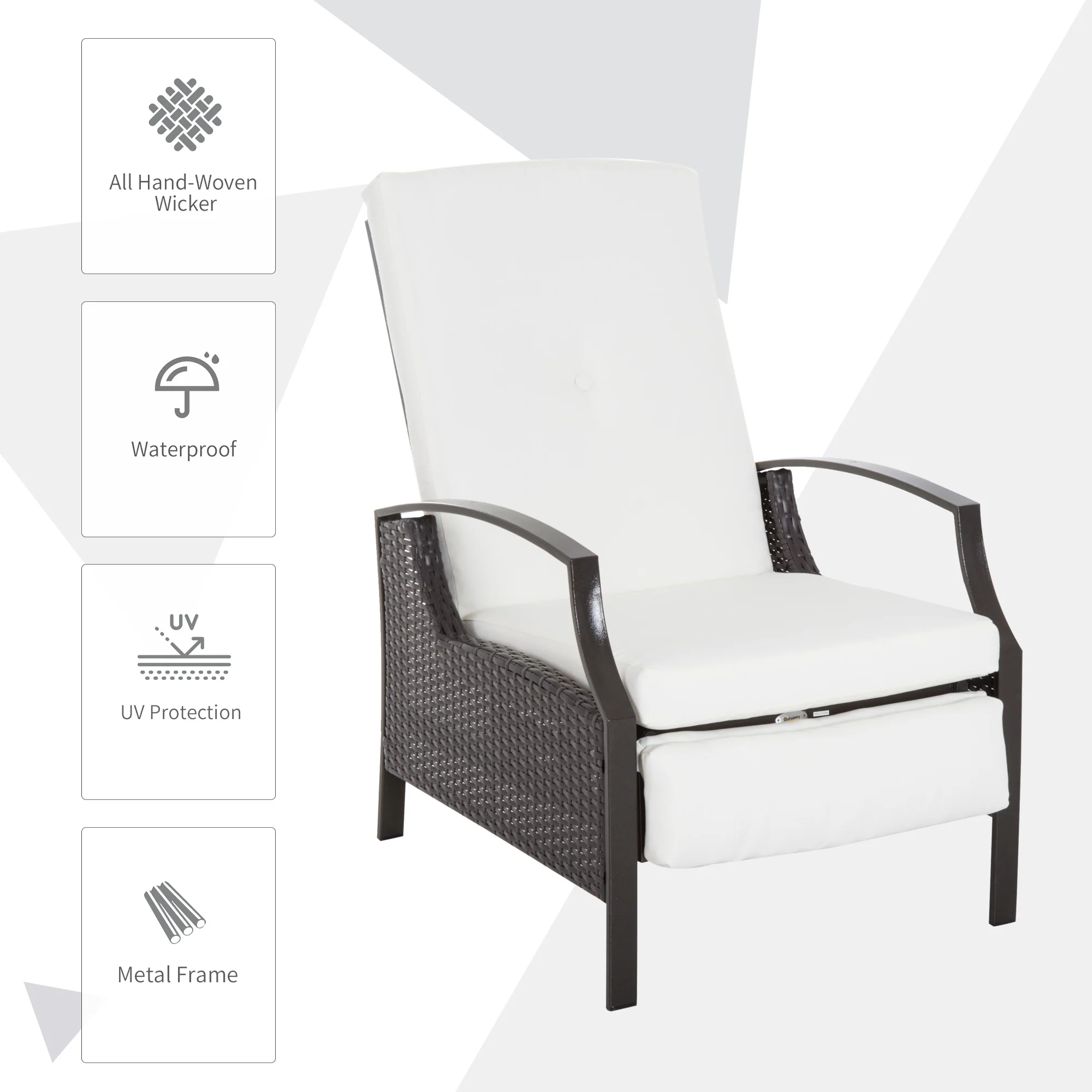 Outdoor Rattan Recliner Chair w/ Cushion, Adjustable Back & Retractable Footrest, White - Image 6