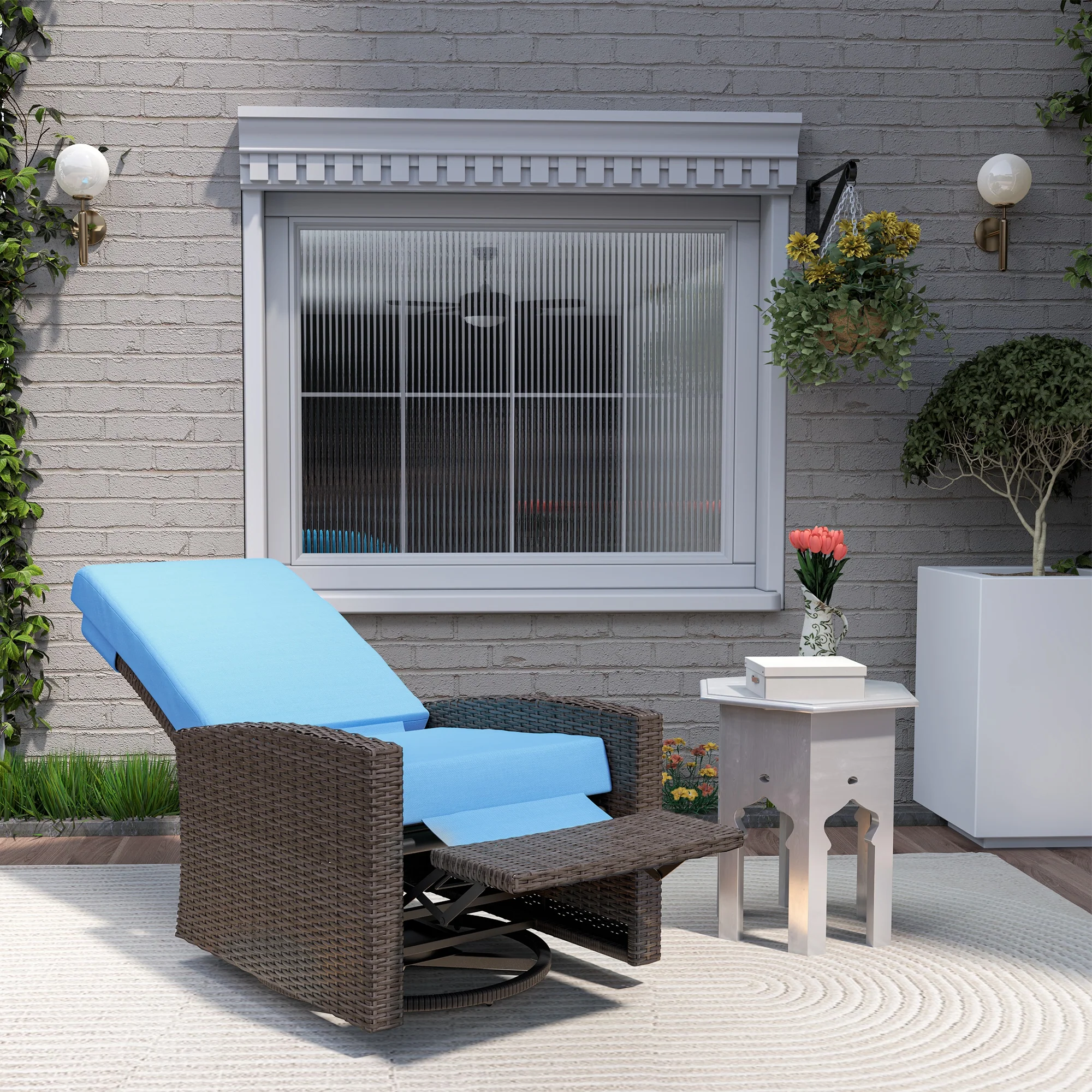 Outdoor Rattan Wicker Lounge Chair with Footrest & Soft Cushion for Patio, Sky Blue - Image 11