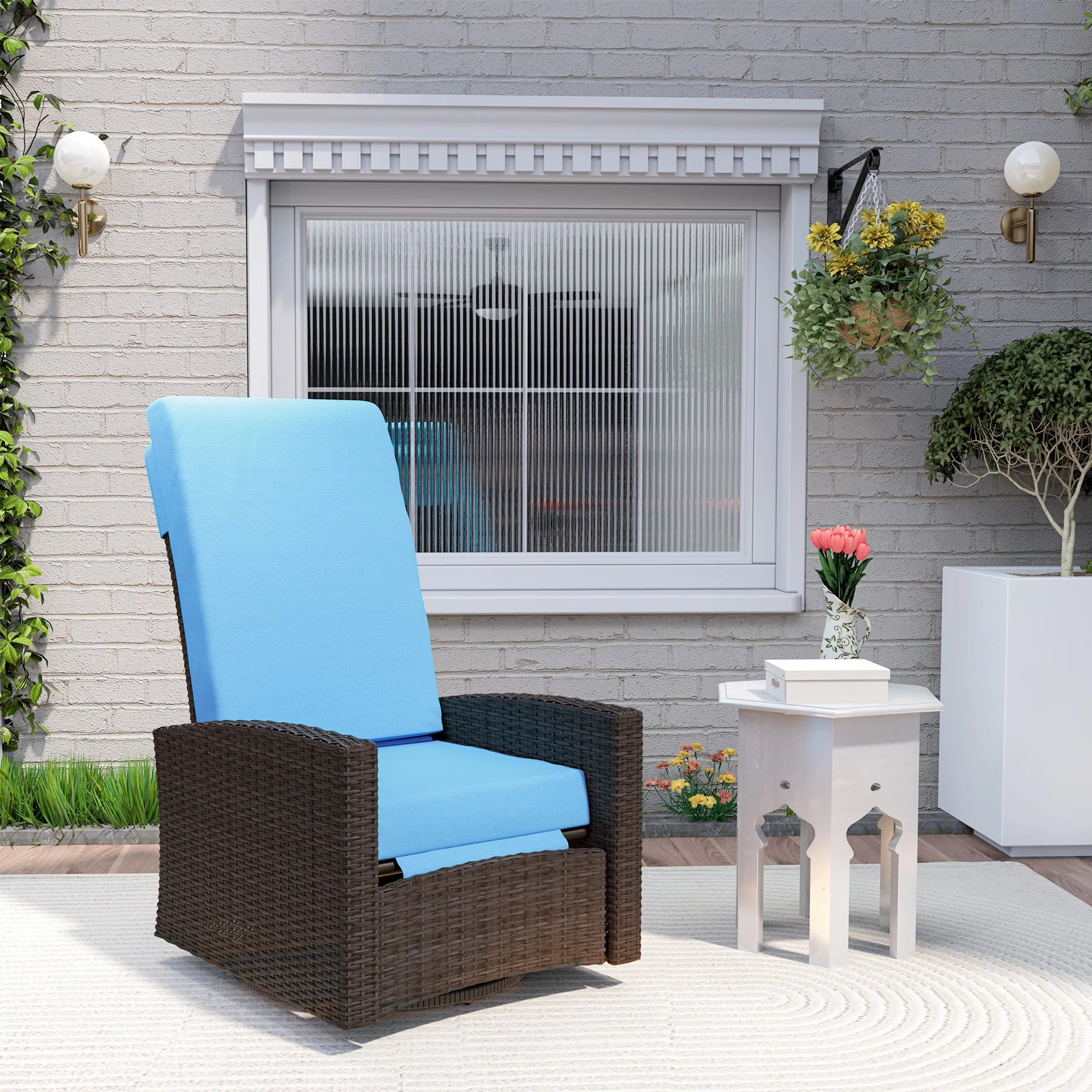 Outdoor Rattan Wicker Lounge Chair with Footrest & Soft Cushion for Patio, Sky Blue - Image 4