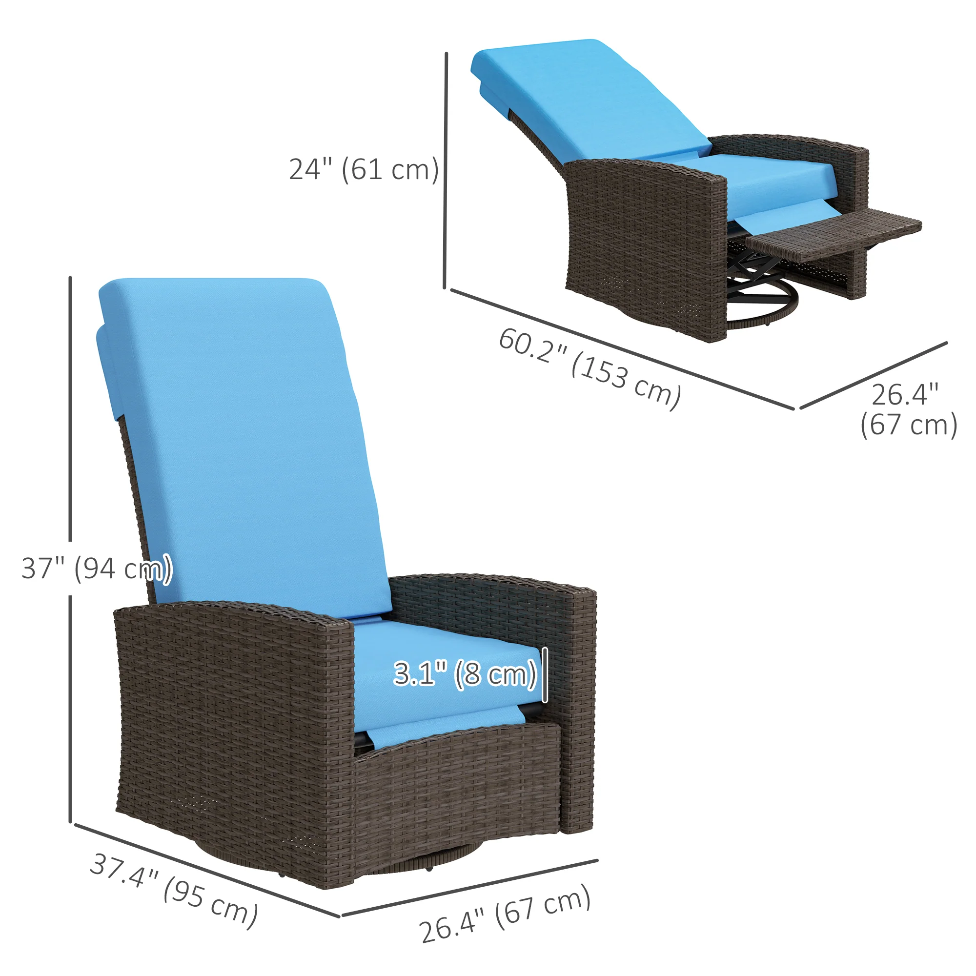 Outdoor Rattan Wicker Lounge Chair with Footrest & Soft Cushion for Patio, Sky Blue - Image 5