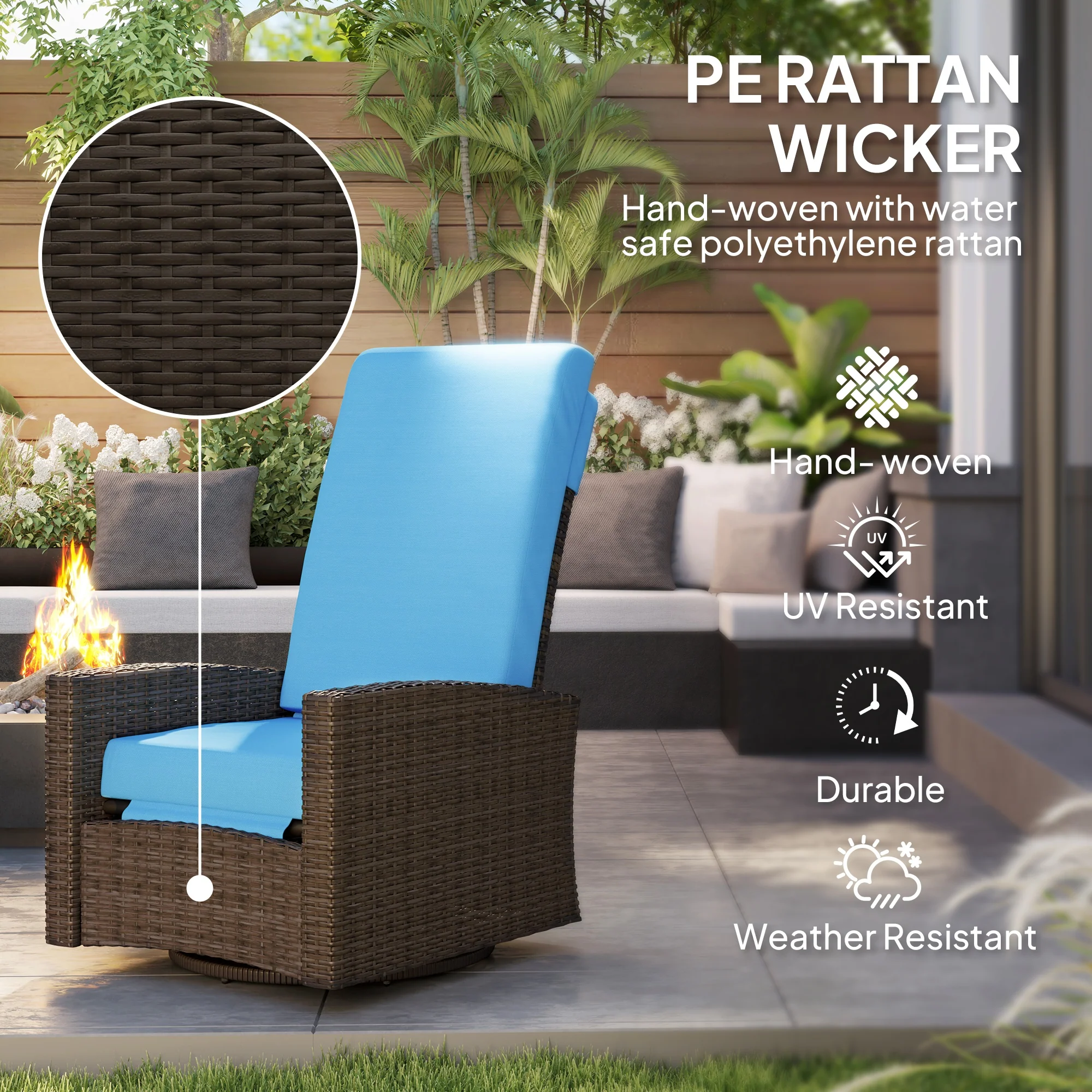 Outdoor Rattan Wicker Lounge Chair with Footrest & Soft Cushion for Patio, Sky Blue - Image 6