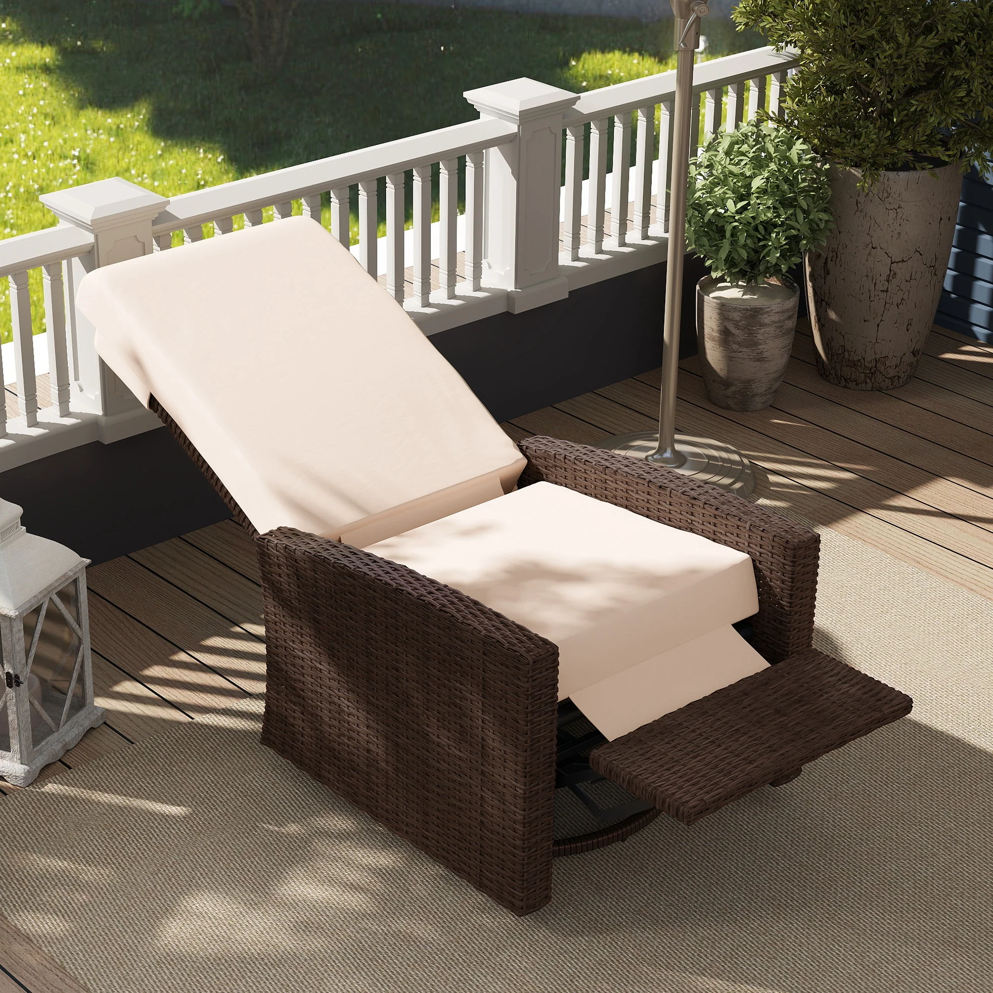 Outdoor Rattan Wicker Lounge Chair with Footrest & Soft Cushion for Patio, Cream White - Image 11