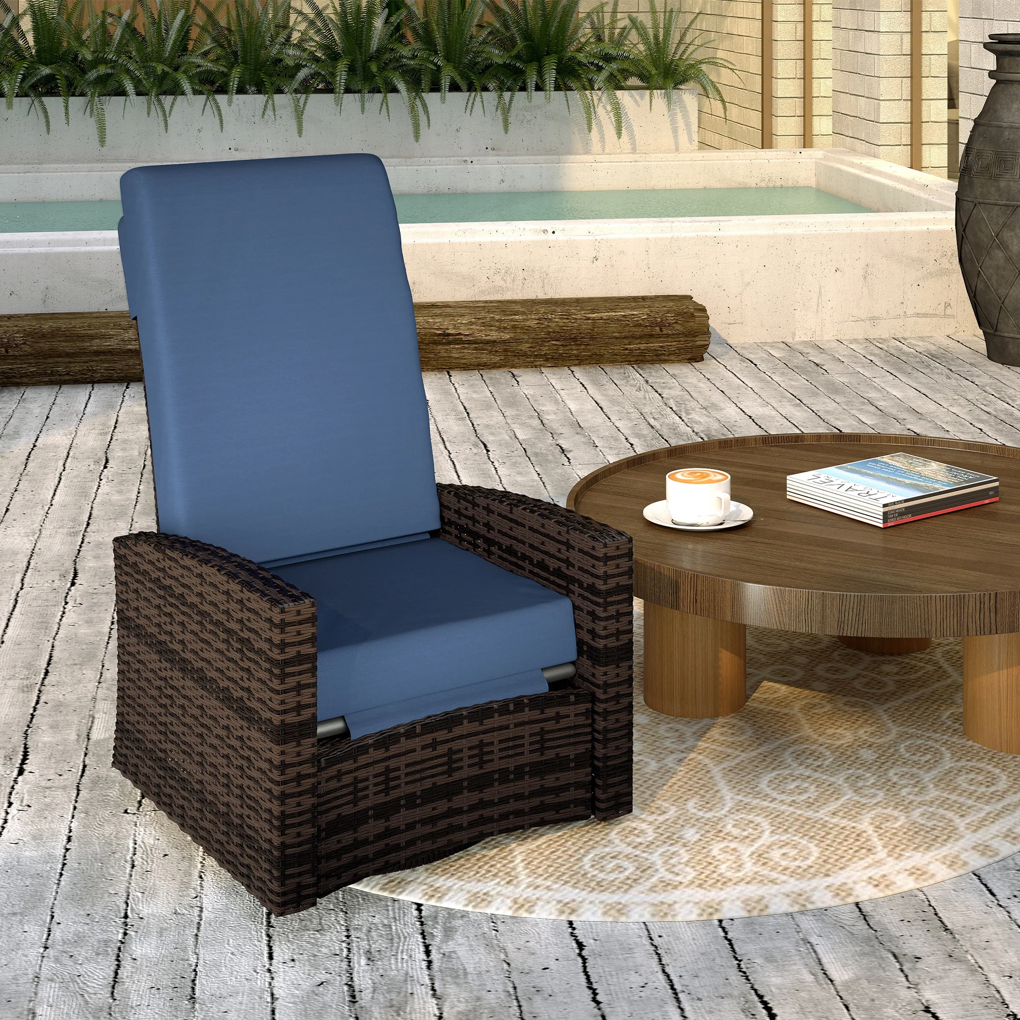Outdoor Rattan Wicker Lounge Chair with Footrest & Soft Cushion for Patio, Dark Blue - Image 3