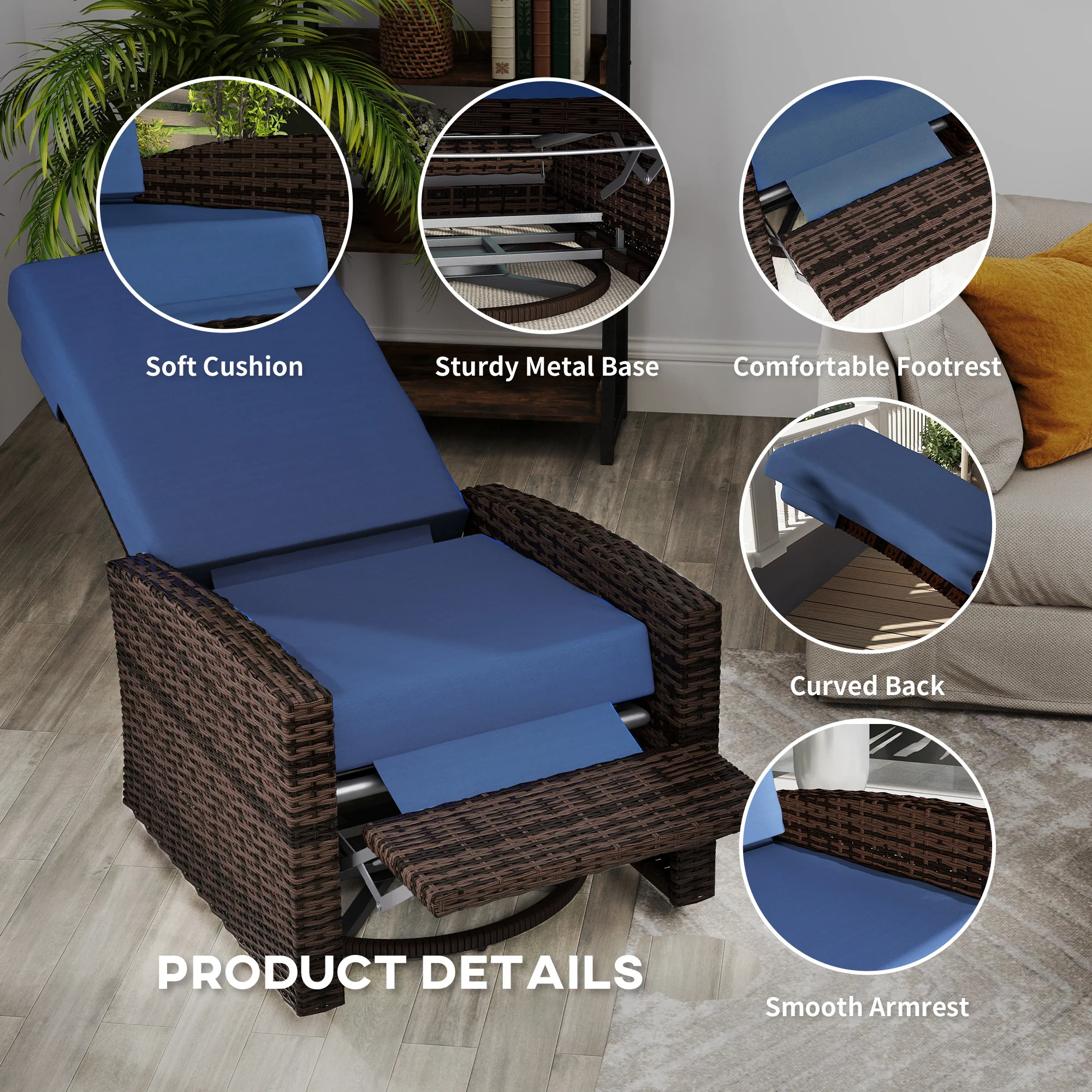 Outdoor Rattan Wicker Lounge Chair with Footrest & Soft Cushion for Patio, Dark Blue - Image 8