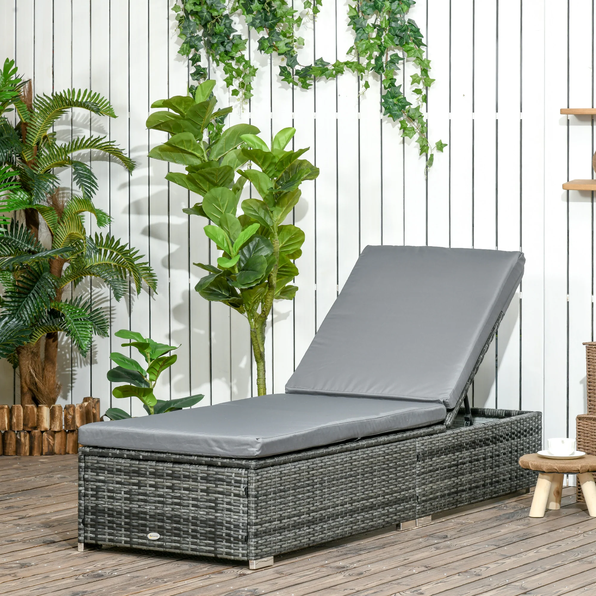 5-level Adjustable Recliner Rattan Daybed with Soft Padded Cushion for Patio, Mixed Grey - Image 3