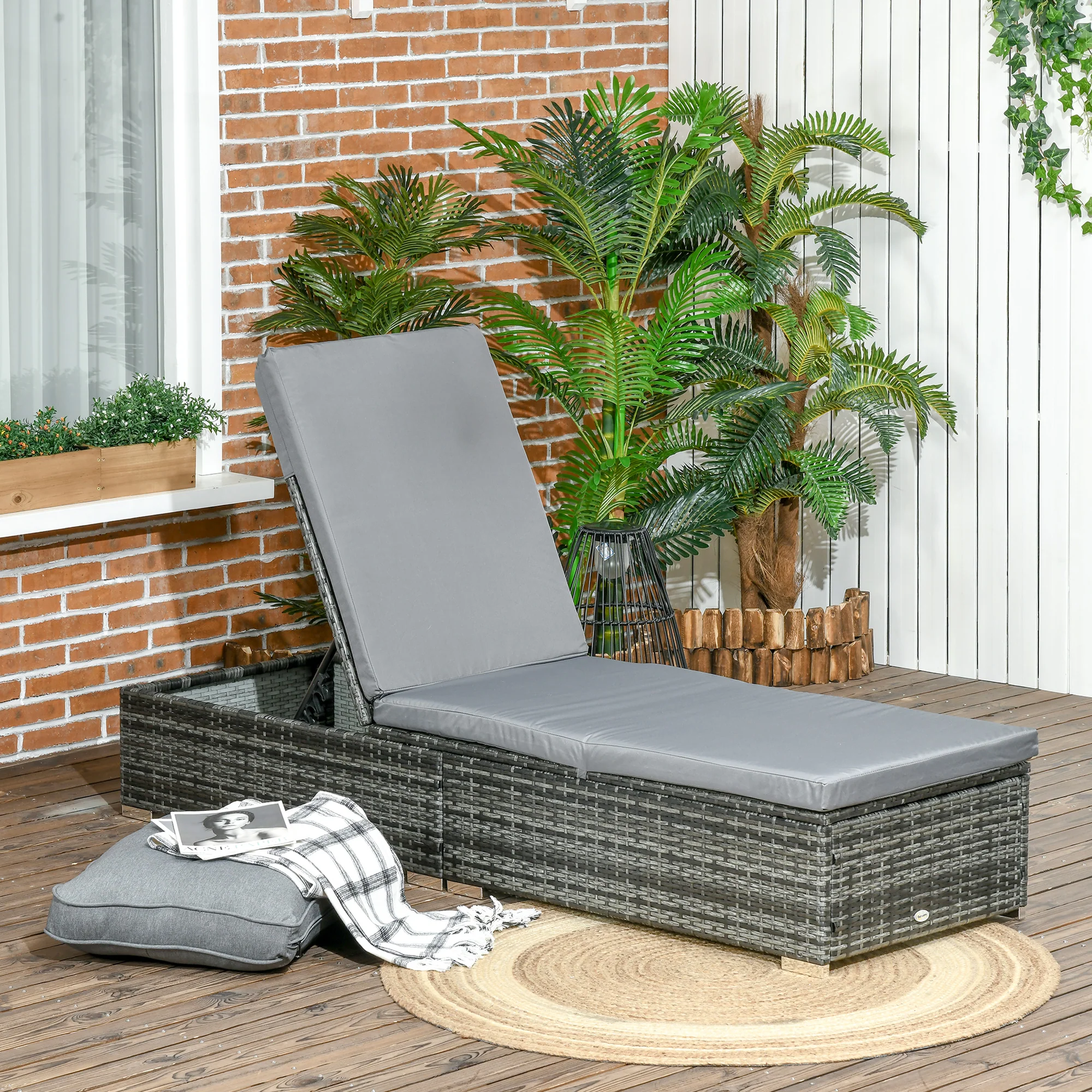 5-level Adjustable Recliner Rattan Daybed with Soft Padded Cushion for Patio, Mixed Grey - Image 4