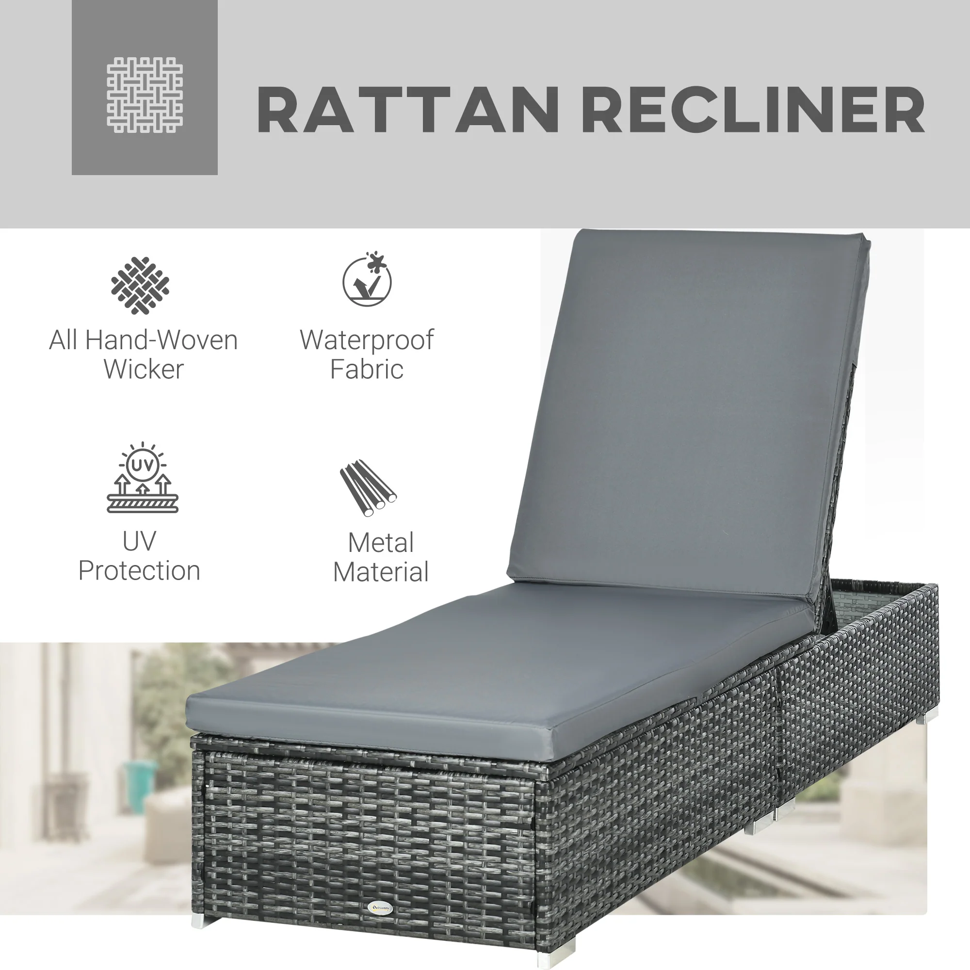 5-level Adjustable Recliner Rattan Daybed with Soft Padded Cushion for Patio, Mixed Grey - Image 6