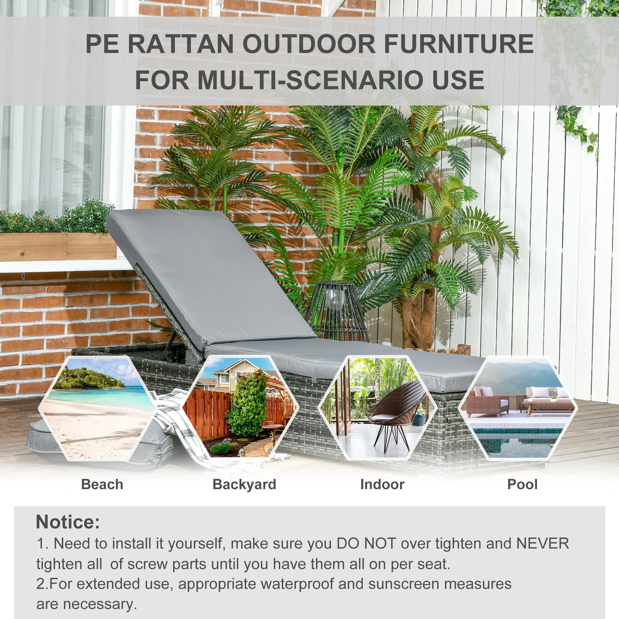 5-level Adjustable Recliner Rattan Daybed with Soft Padded Cushion for Patio, Mixed Grey - Image 9