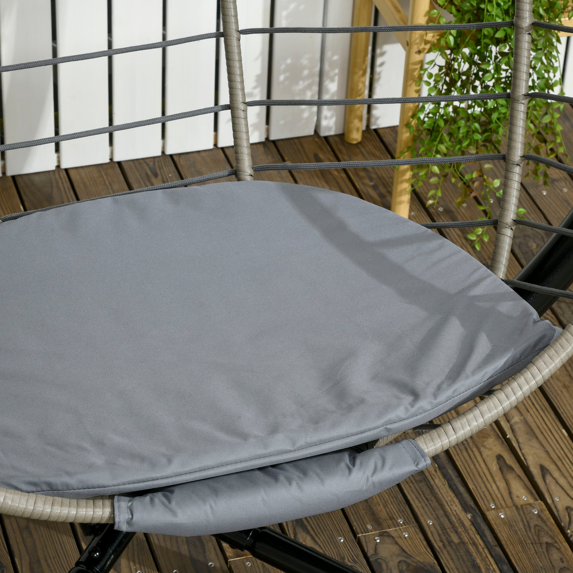 PE Rattan Swing Chair, Outdoor Hanging Chair with Metal Stand, Thick Padded Cushion, Foldable Basket and Cup Holder, for Indoor and Outdoor, Grey - Image 9
