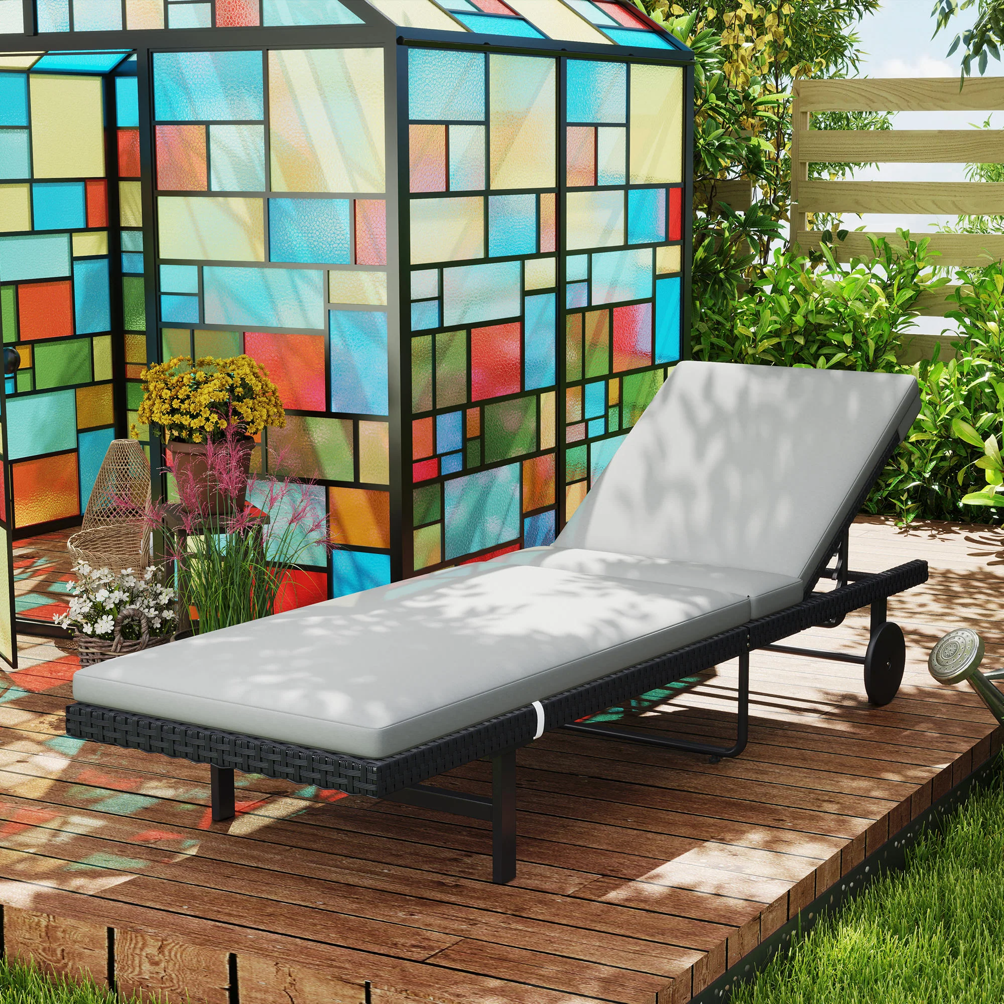 Outdoor Patio PE Rattan Tanning Chair w/ 5-Level Adjustable Back, Wheels & Cushion, Grey - Image 10