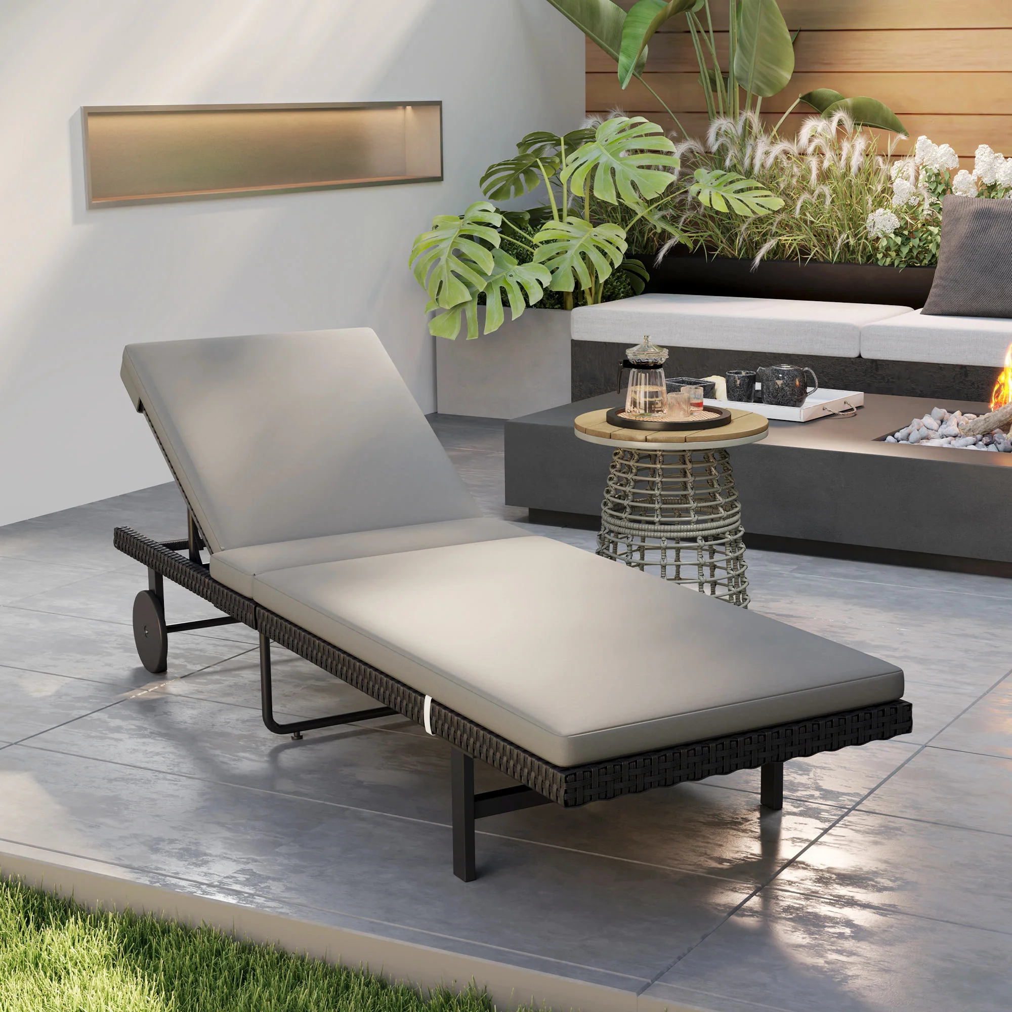 Outdoor Patio PE Rattan Tanning Chair w/ 5-Level Adjustable Back, Wheels & Cushion, Grey - Image 11
