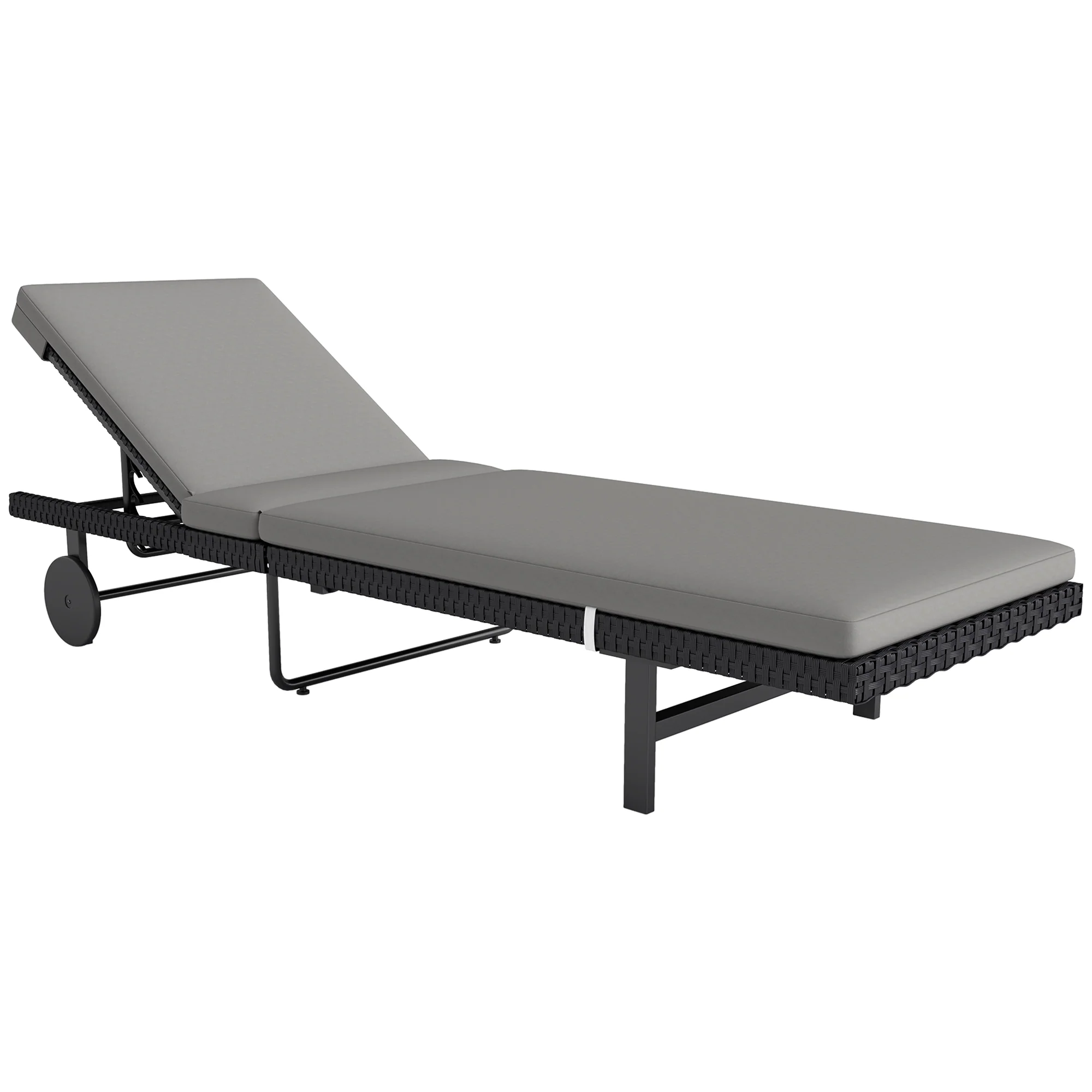 Outdoor Patio PE Rattan Tanning Chair w/ 5-Level Adjustable Back, Wheels & Cushion, Grey - Image 12