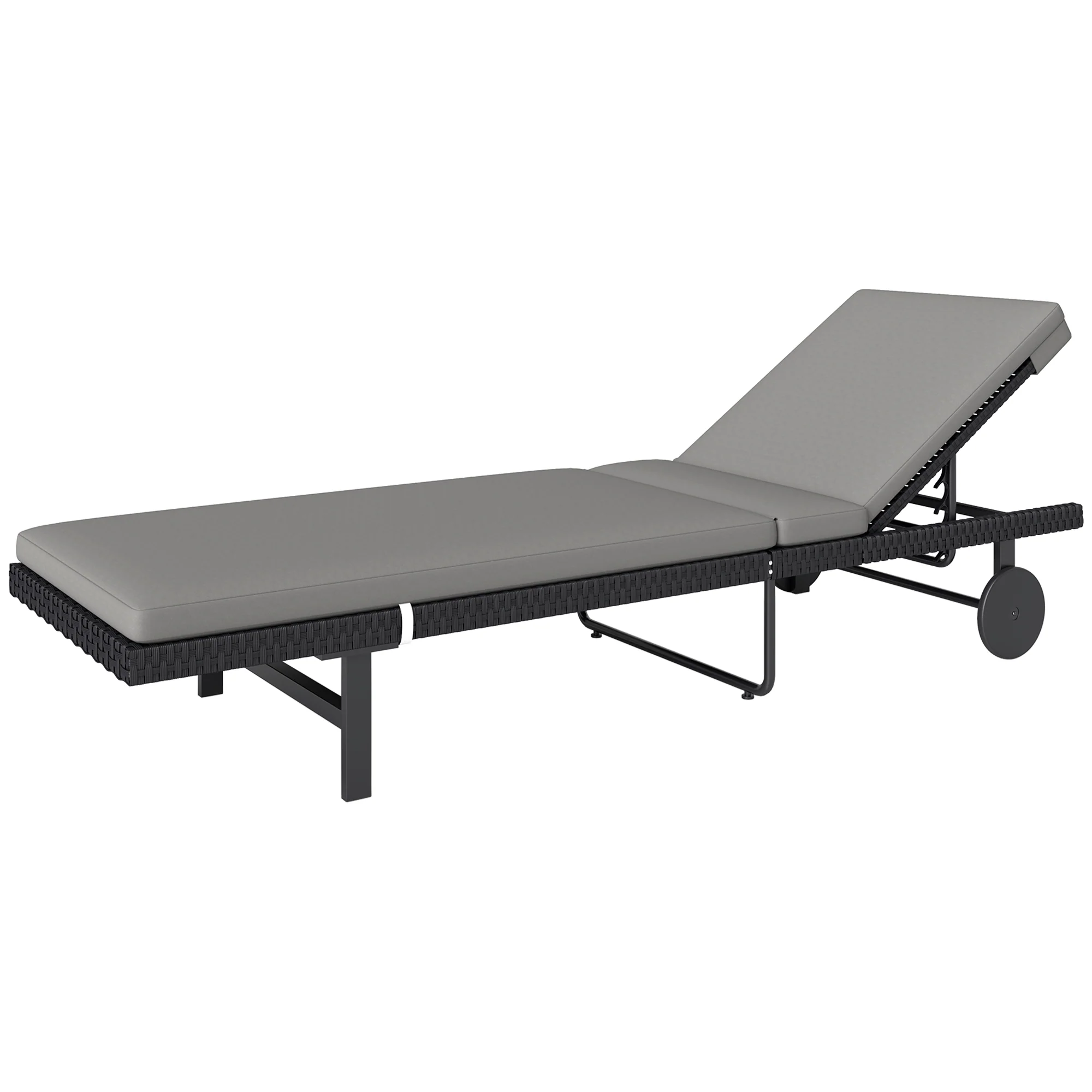 Outdoor Patio PE Rattan Tanning Chair w/ 5-Level Adjustable Back, Wheels & Cushion, Grey - Image 2