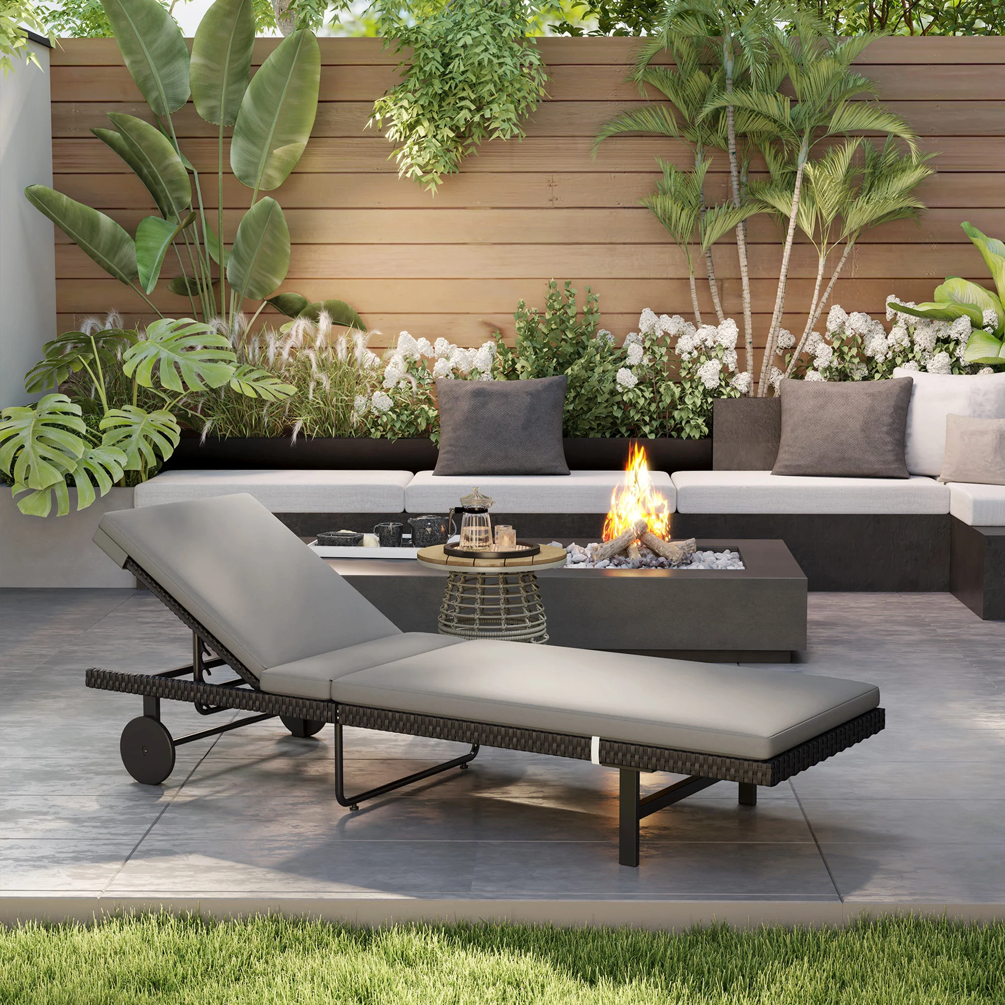 Outdoor Patio PE Rattan Tanning Chair w/ 5-Level Adjustable Back, Wheels & Cushion, Grey - Image 4