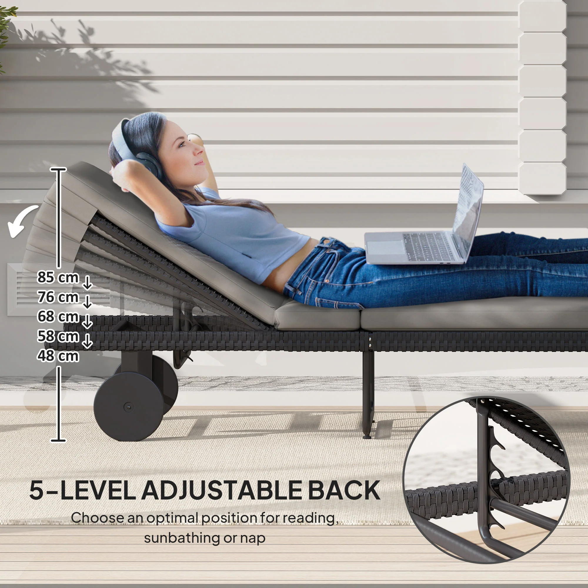 Outdoor Patio PE Rattan Tanning Chair w/ 5-Level Adjustable Back, Wheels & Cushion, Grey - Image 6